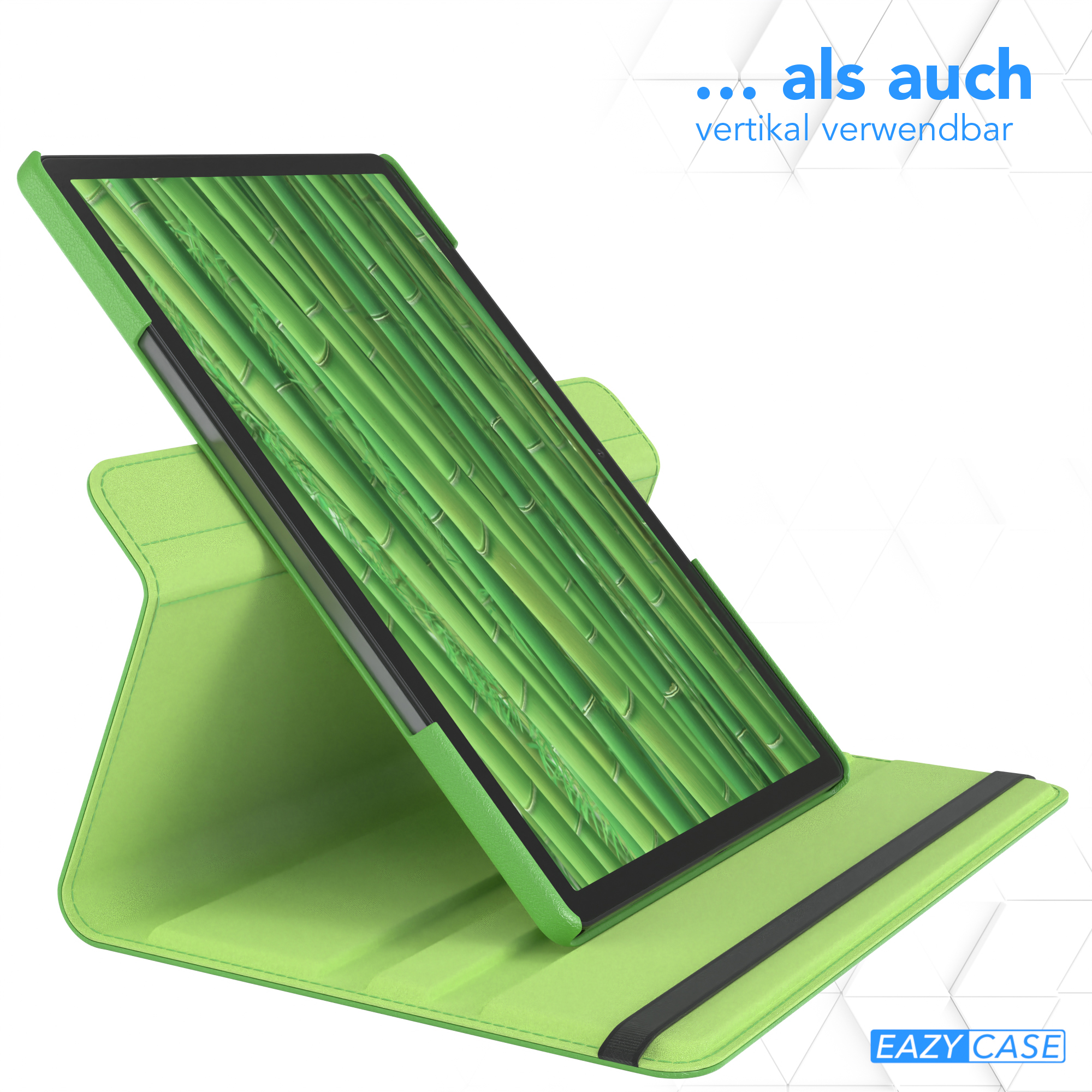 Grünes Tablet in einer grünen Hülle, zum Betrachten aufgestellt.