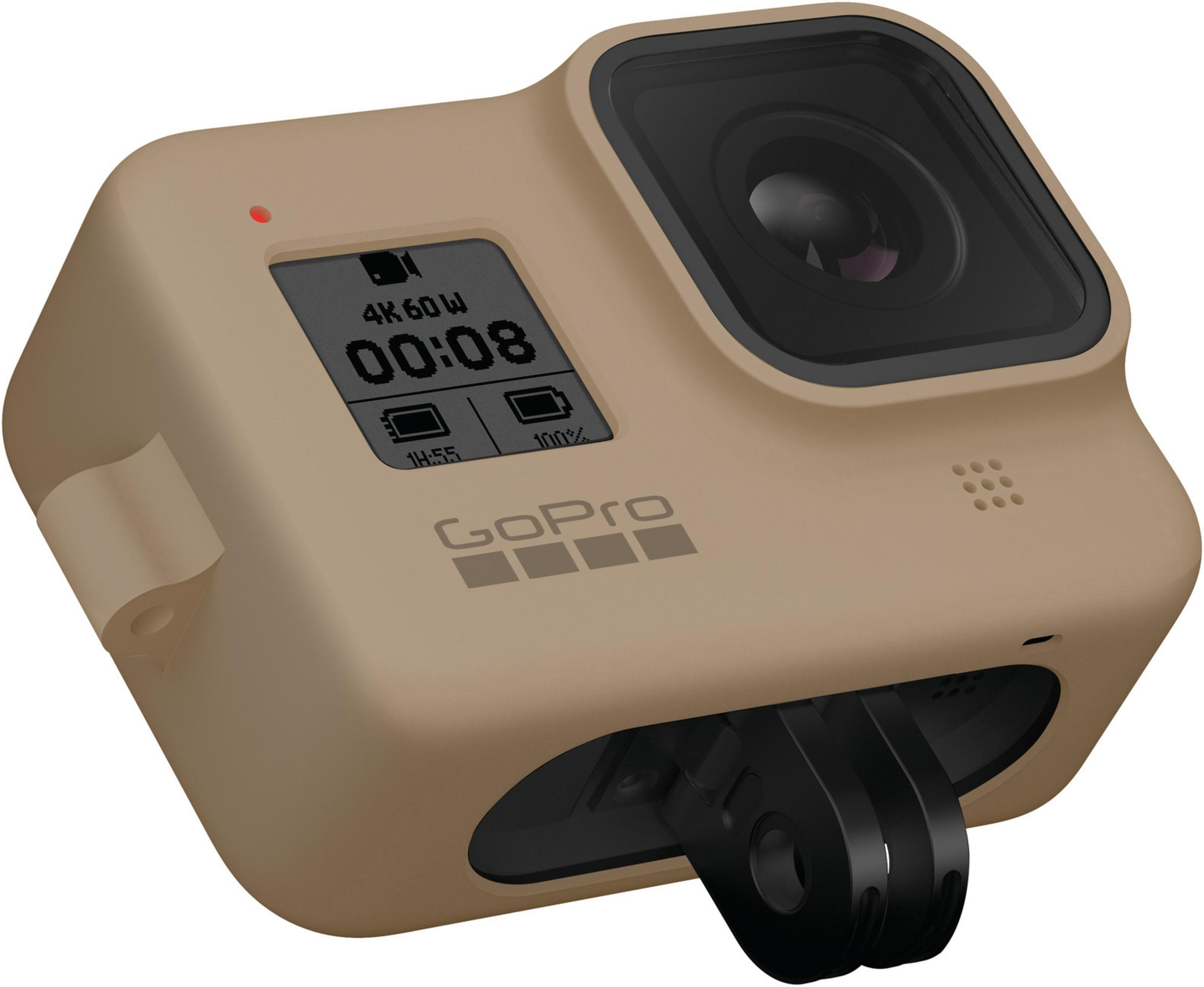 Fotocamera GoPro color cachi con obiettivo, schermo LCD e staffa di montaggio.