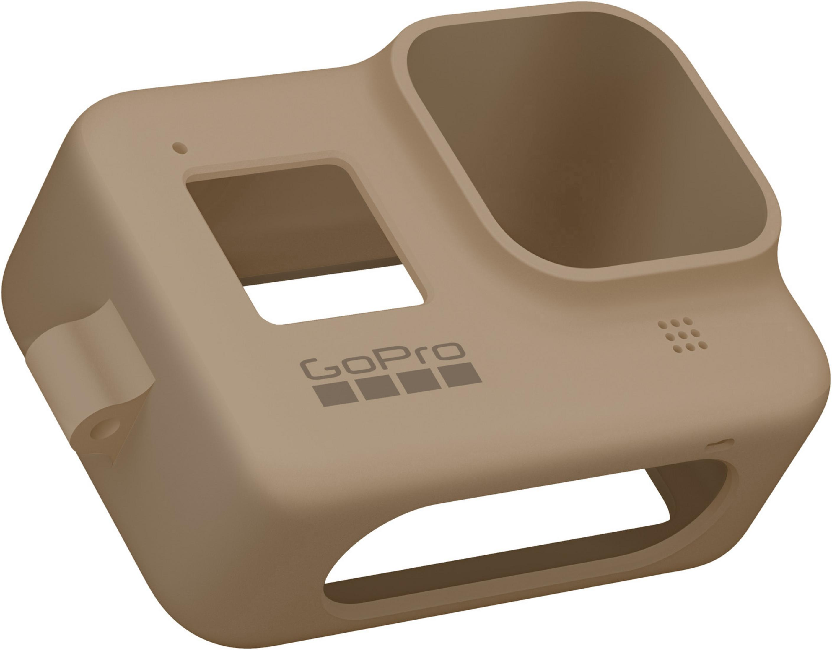 Una custodia per fotocamera GoPro color cachi è mostrata con il logo GoPro.