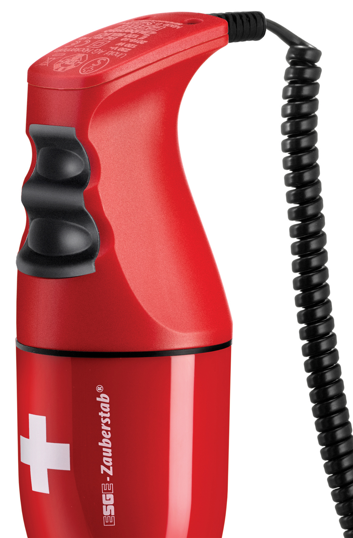 Czerwony blender ręczny z białym krzyżem i czarnym kablem spiralnym.