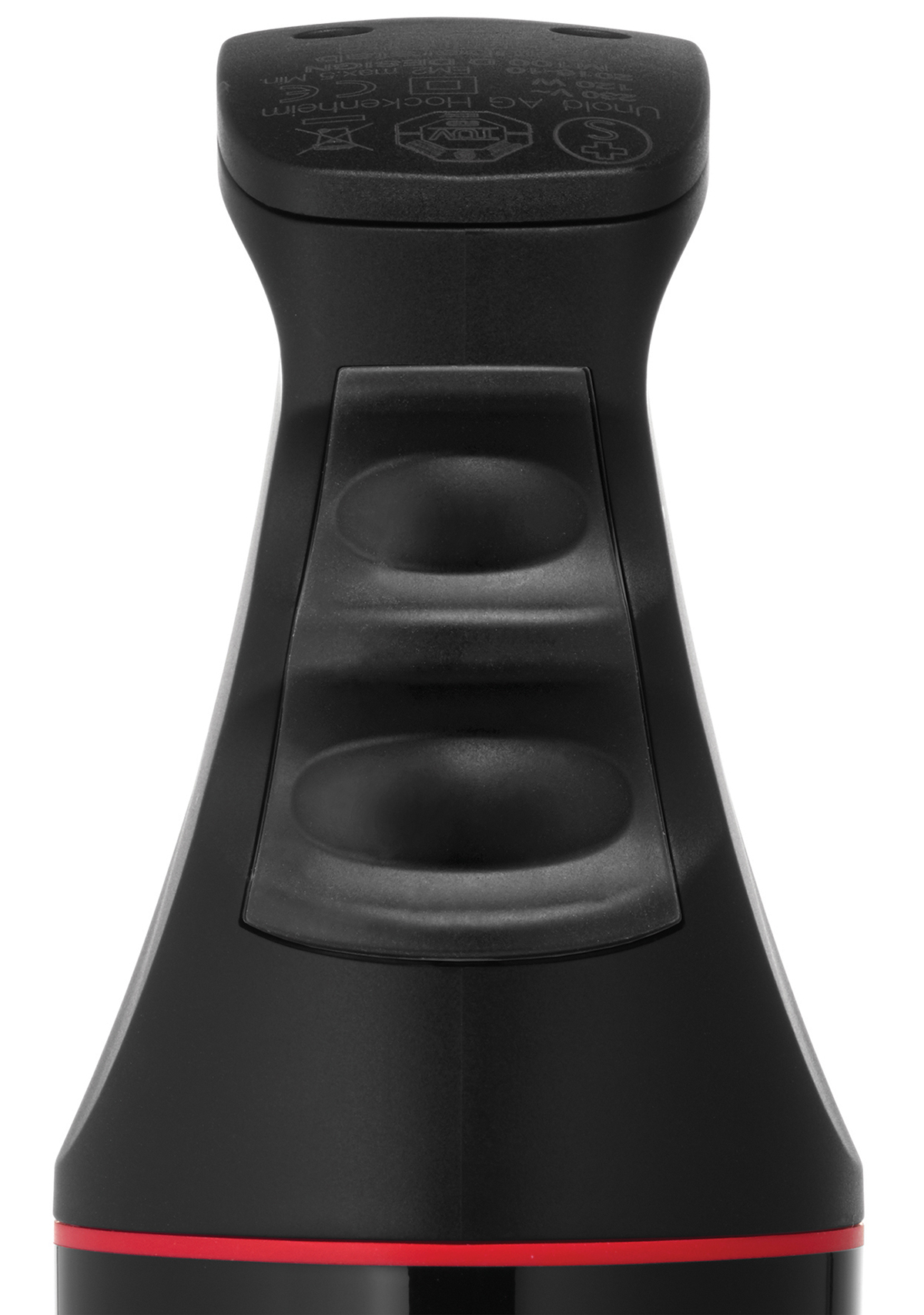Nahaufnahme eines schwarzen, ergonomischen Griffs eines Geräts mit zwei ovalen Vertiefungen.