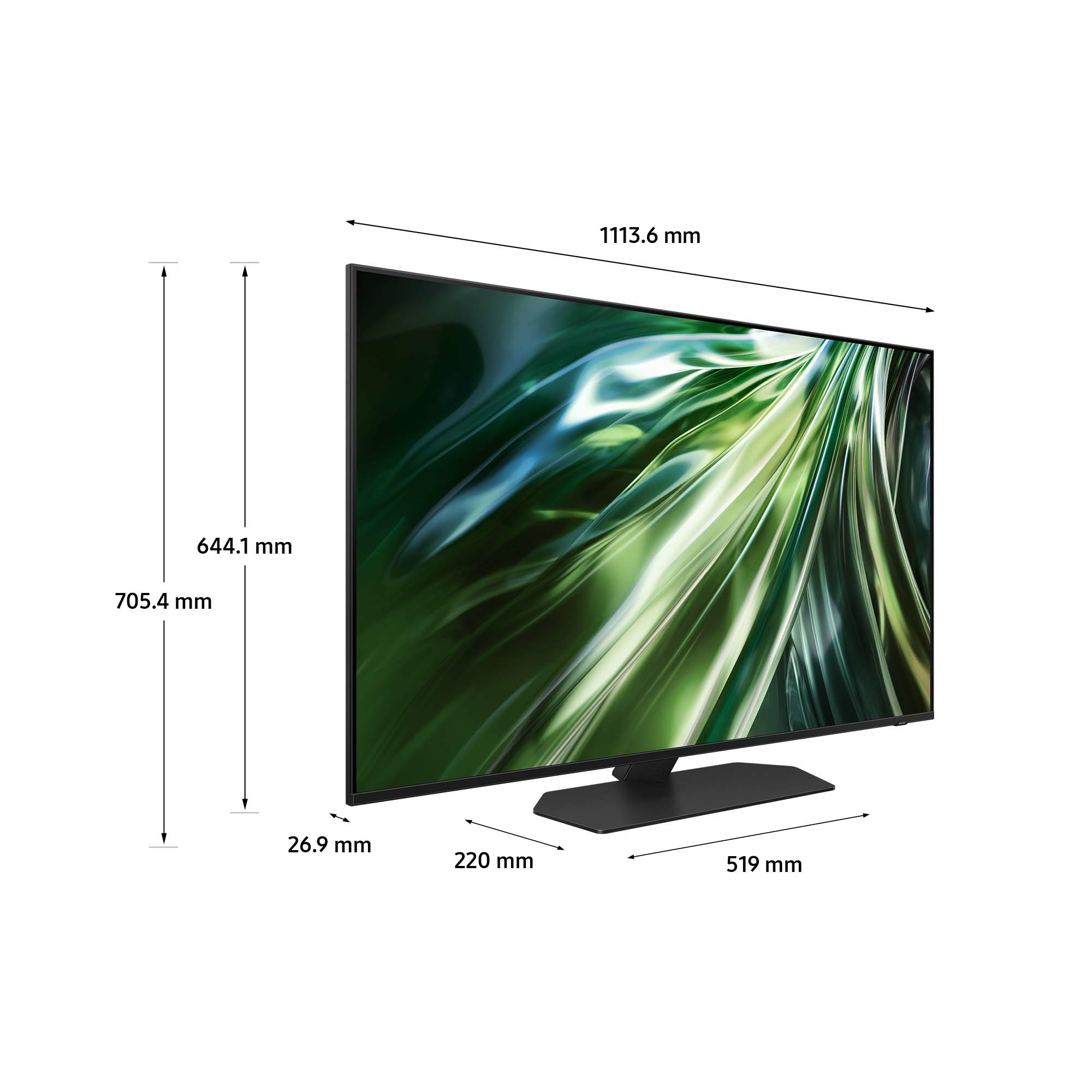 Uno schermo TV che mostra una scena di navigazione. Dimensioni: 1113,6 mm di larghezza, 644,1 mm di altezza e 26,9 mm di spessore.