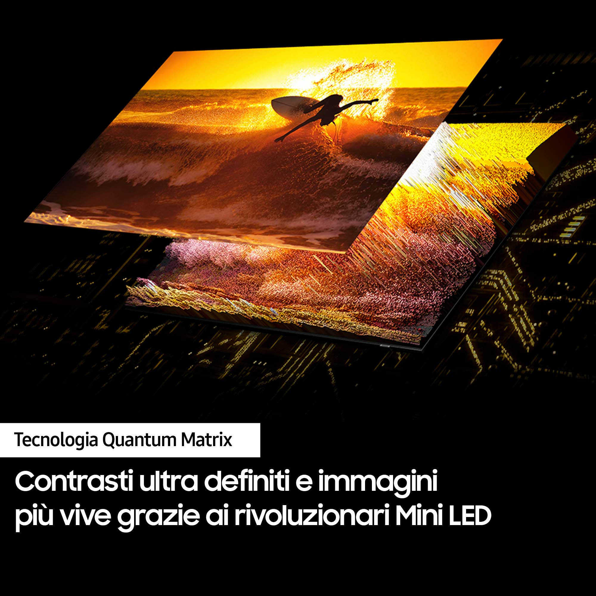 TV che mostra un tramonto con un surfista e l'acqua. Testo sotto.