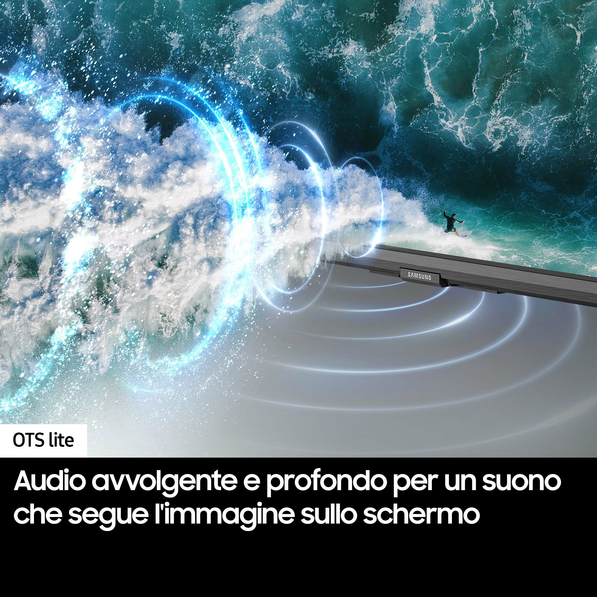 Onde oceaniche con persona su tavola. Testo: 'Audio avvolgente e profondo per un suono'.