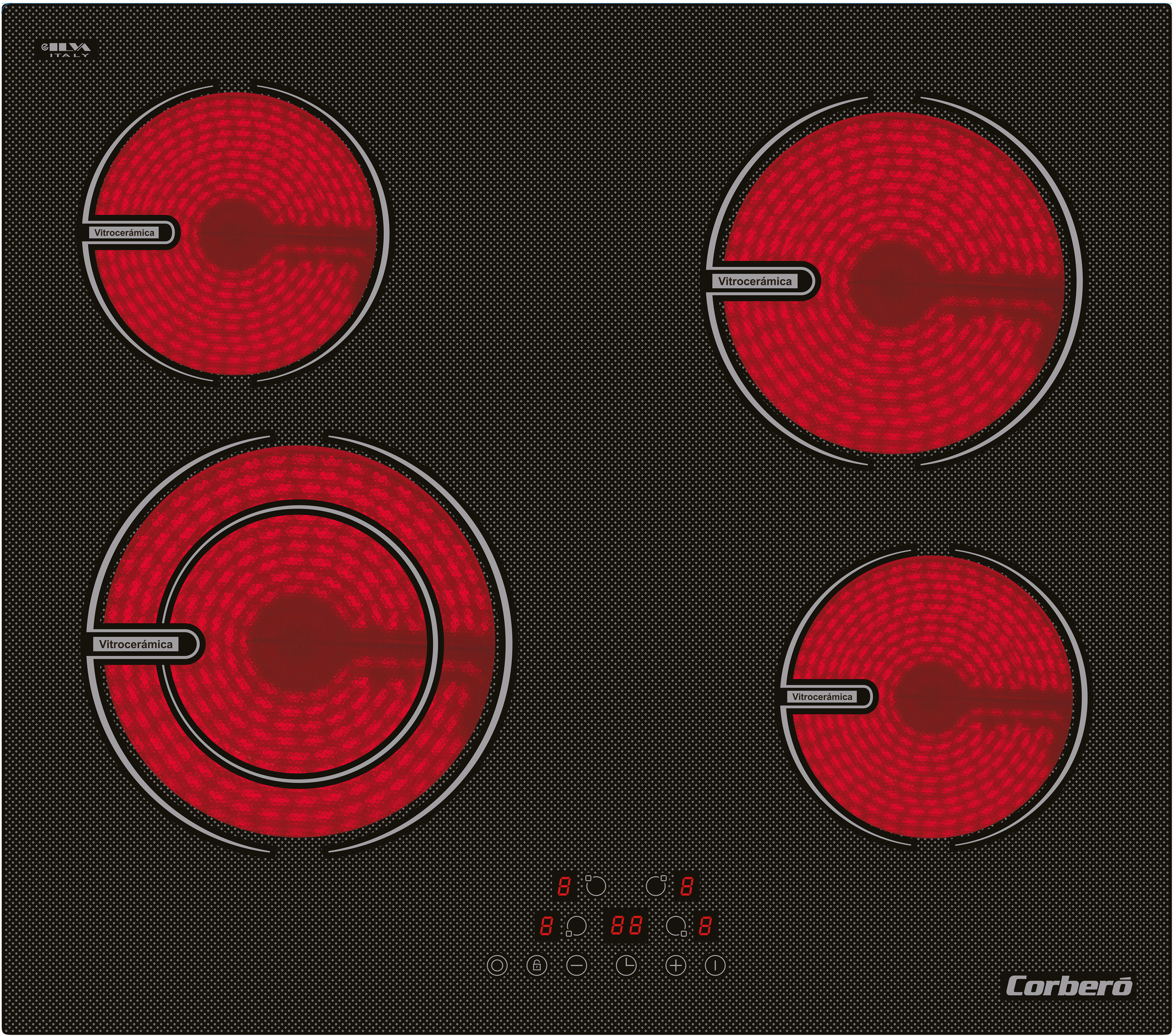 Czarna płyta grzewcza z czterema czerwonymi, świecącymi palnikami i wyświetlaczem cyfrowym. Powierzchnia czarna.