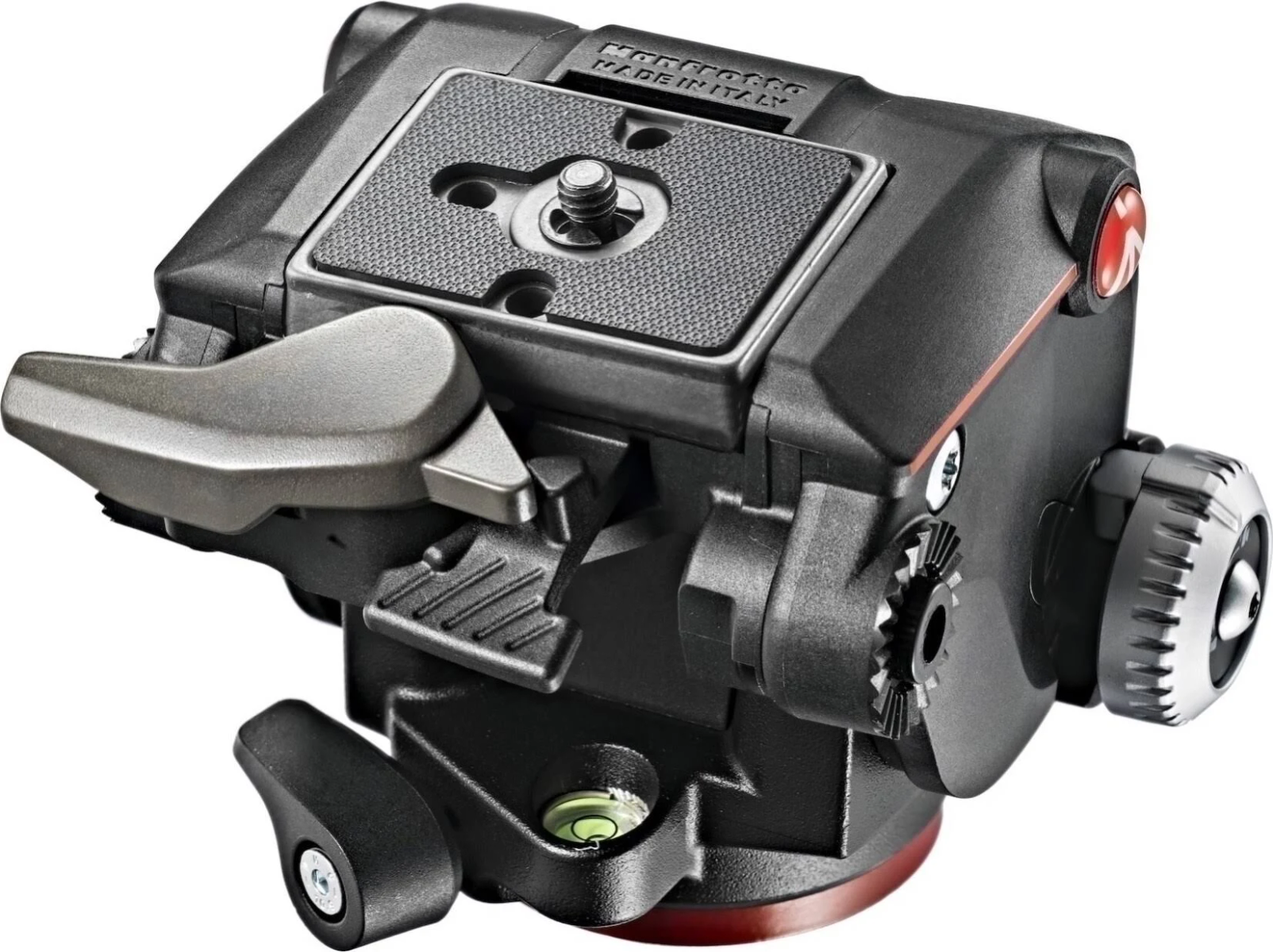 Schwarzer Manfrotto-Stativkopf. Metallkonstruktion mit Knöpfen und einer Wasserwaage.
