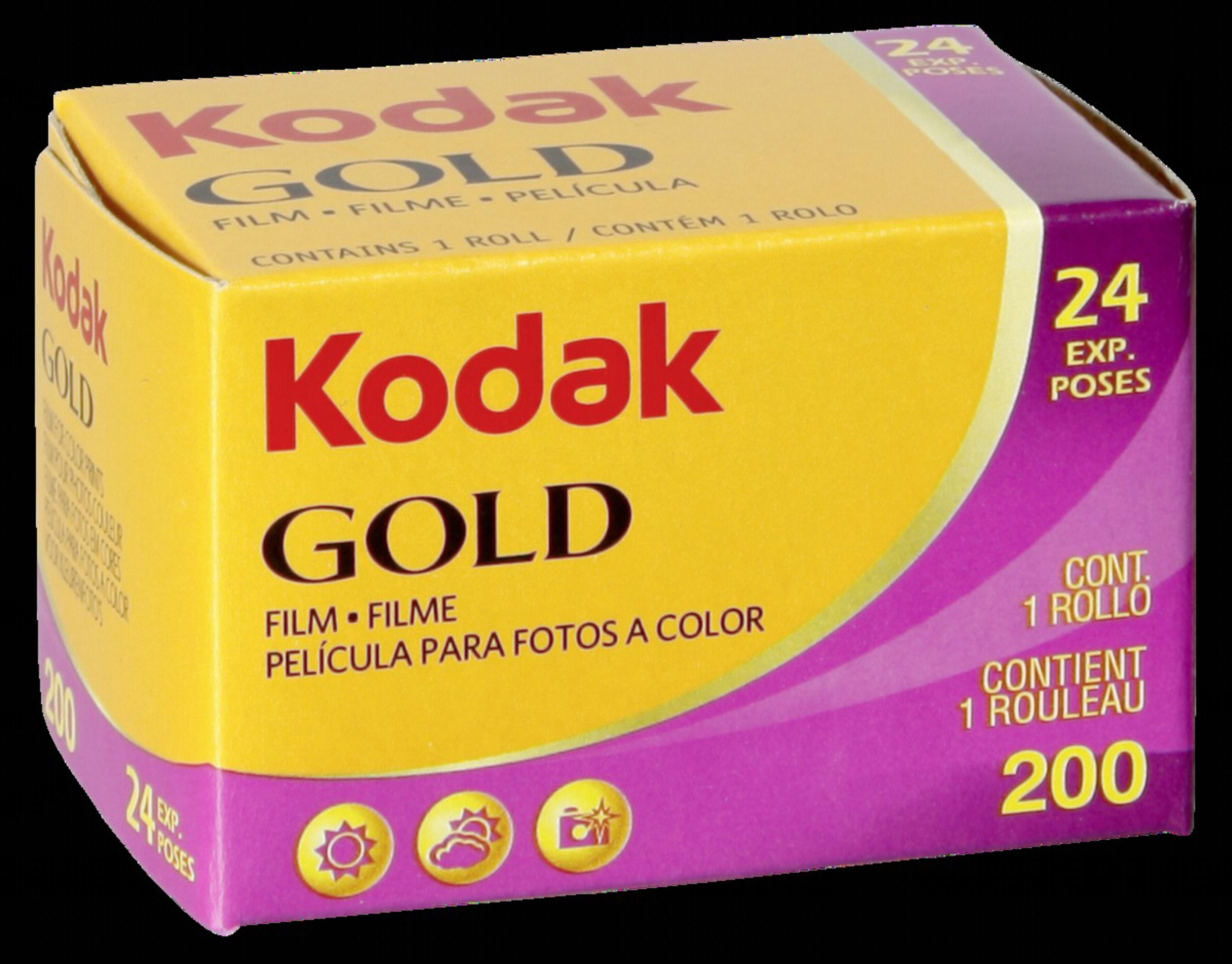 Caja de película Kodak Gold, amarilla y morada, con texto e iconos.