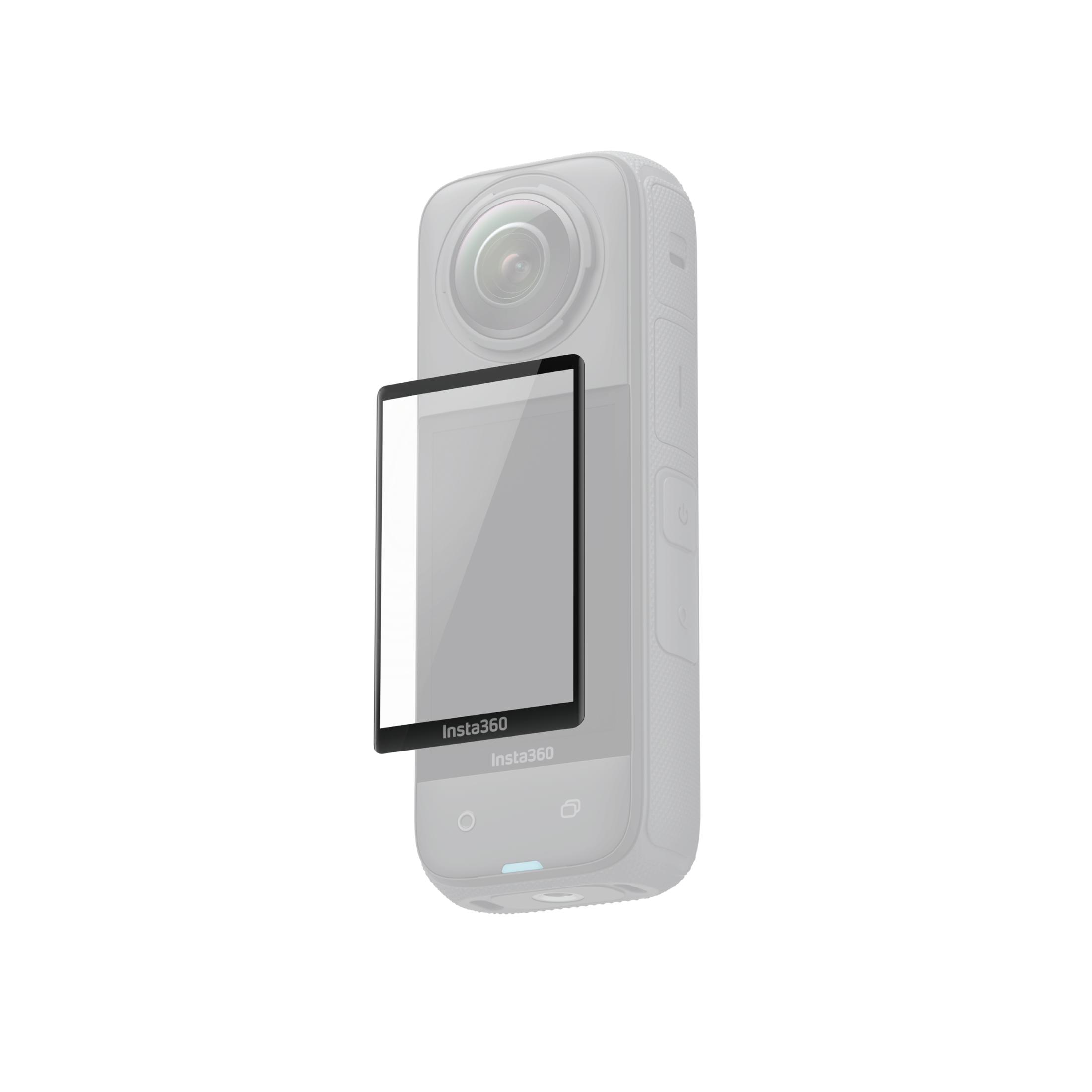 Czarna kamera Insta360 z ekranem ochronnym. Białe tło.