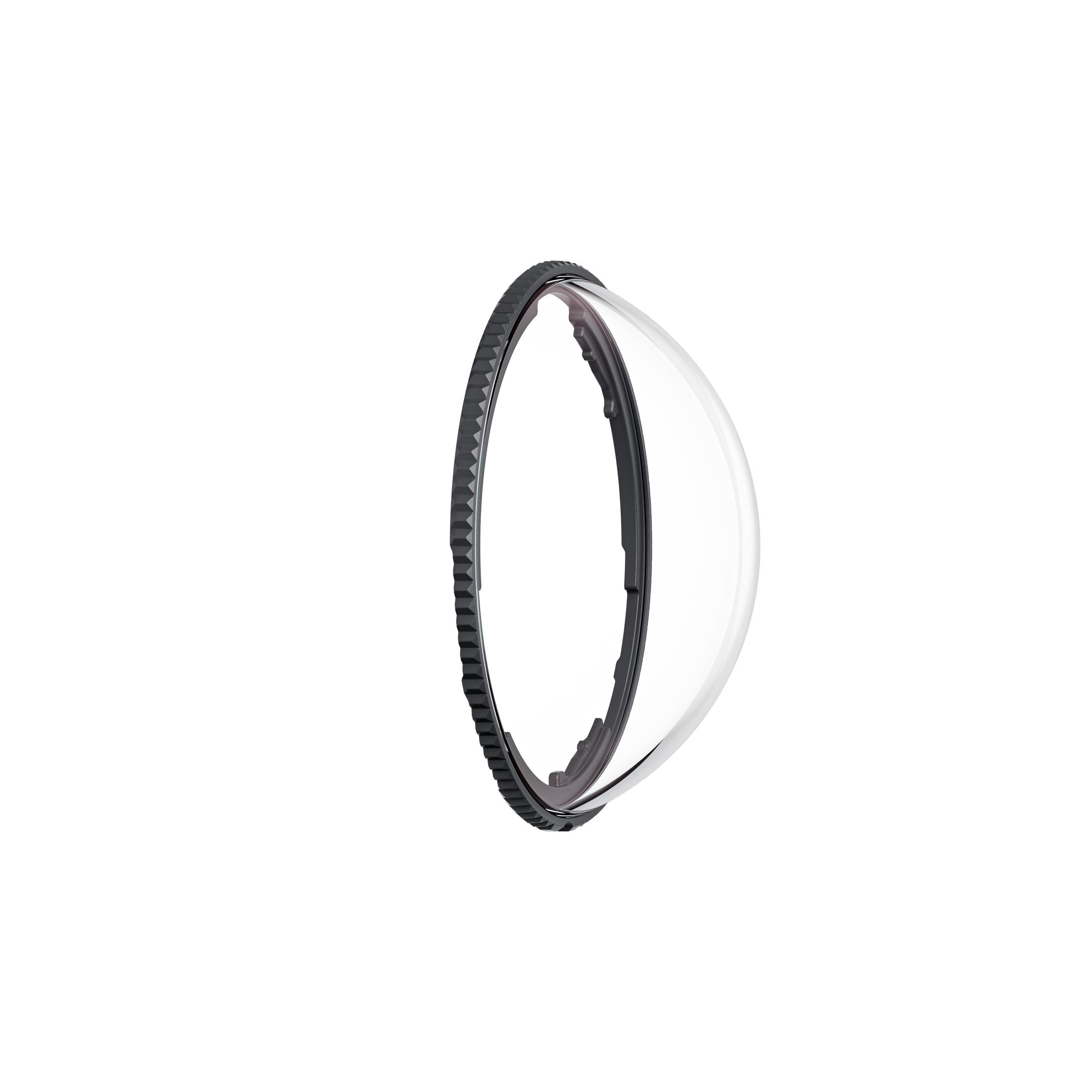 Przezroczysta, zakrzywiona soczewka z czarnym, karbowanym pierścieniem.