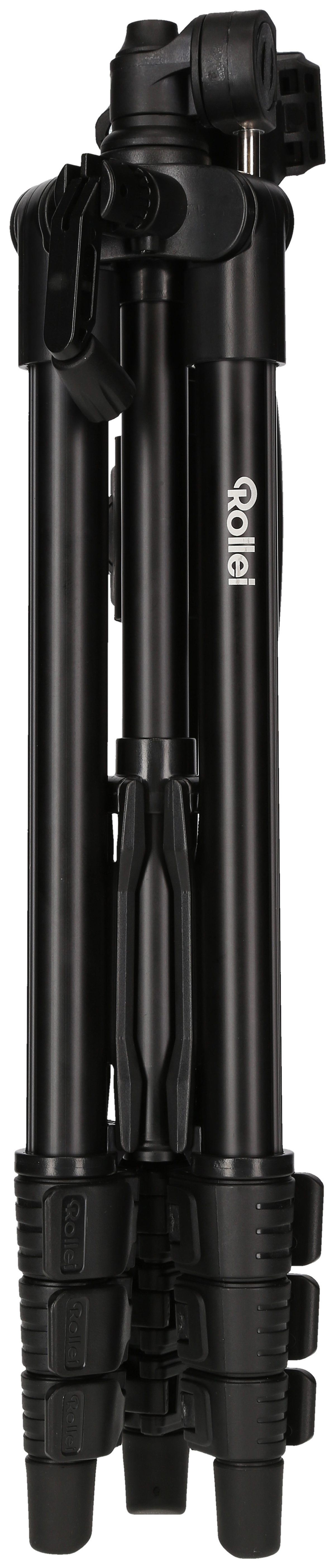 Czarny statyw, złożony i ustawiony pionowo na białym tle.