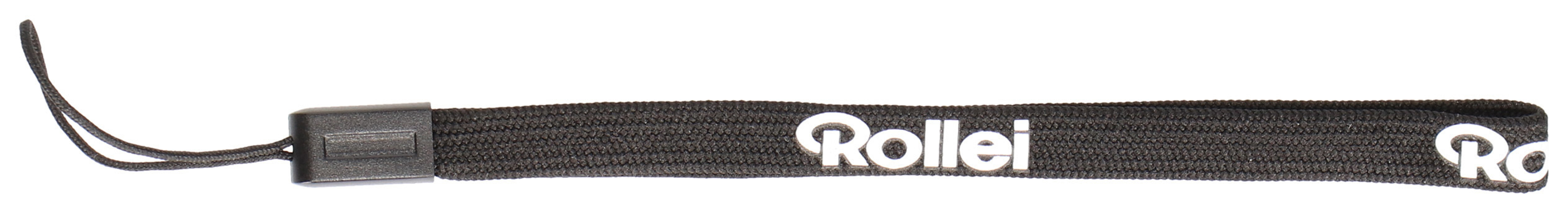 Czarny pasek na nadgarstek z białym napisem „Rollei”. Białe tło.