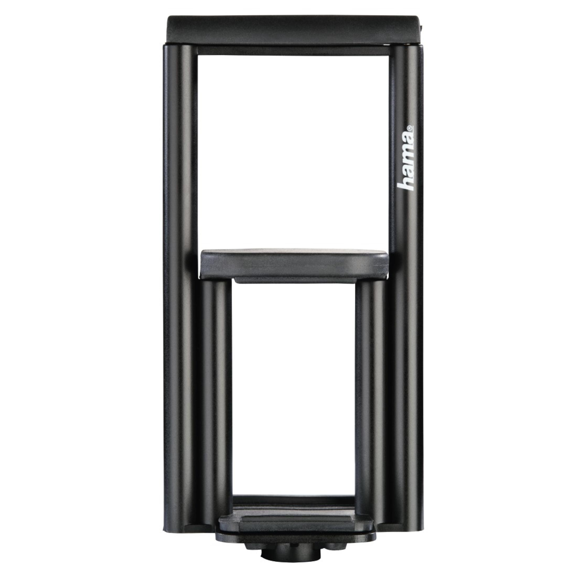 Schwarzer Smartphone-Halter von Hama. Es ist ein rechteckiger Rahmen mit einer Basis zum Halten des Telefons.