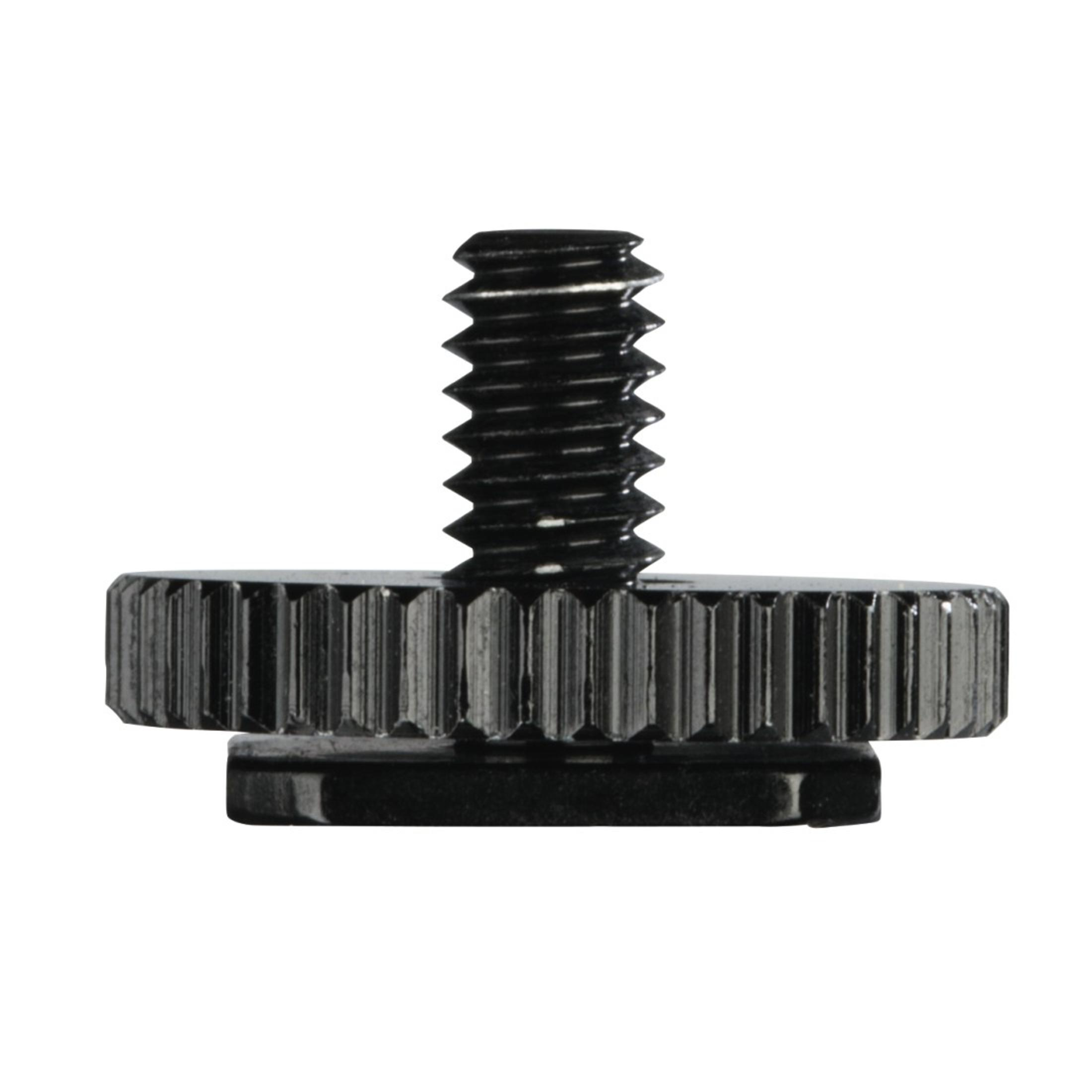 Schwarze Schraube mit gerändelter Basis. Die Schraube ist mit Gewinde versehen.