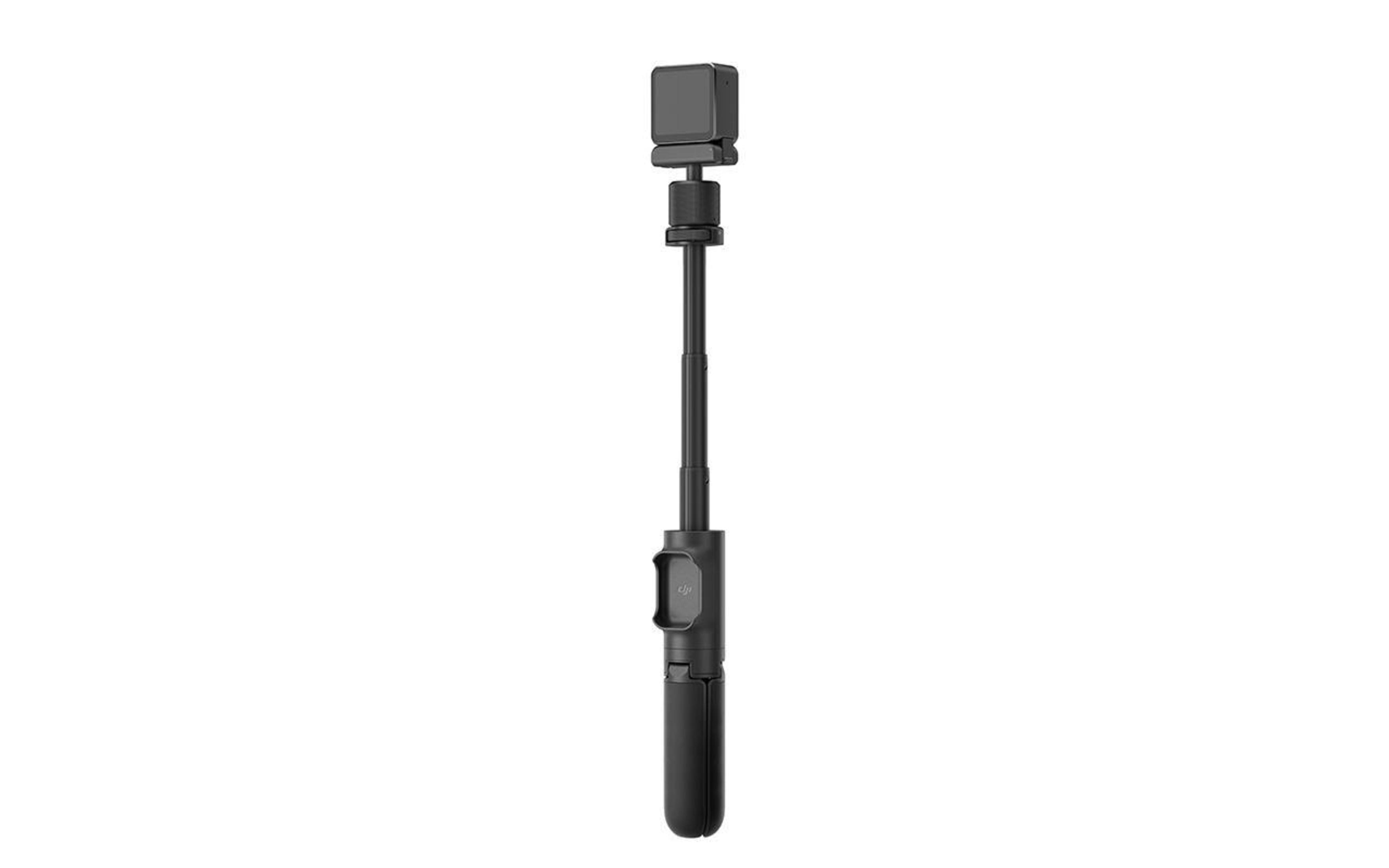 Ausgefahrener schwarzer Selfie-Stick mit Telefonhalter und Griff auf Weiß.