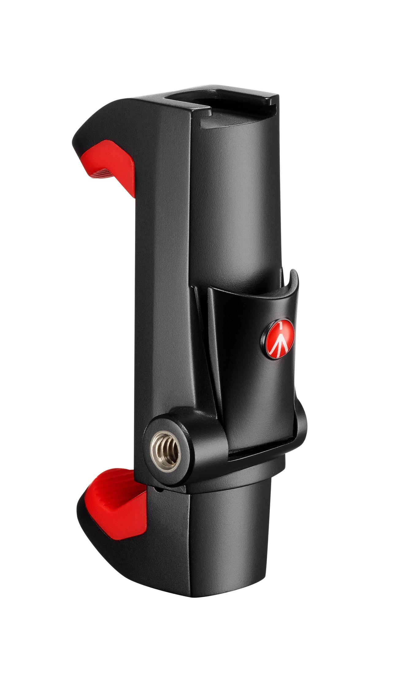 Ein schwarzer Telefonhalter mit roten Akzenten und Manfrotto-Logo, auf weißem Grund.