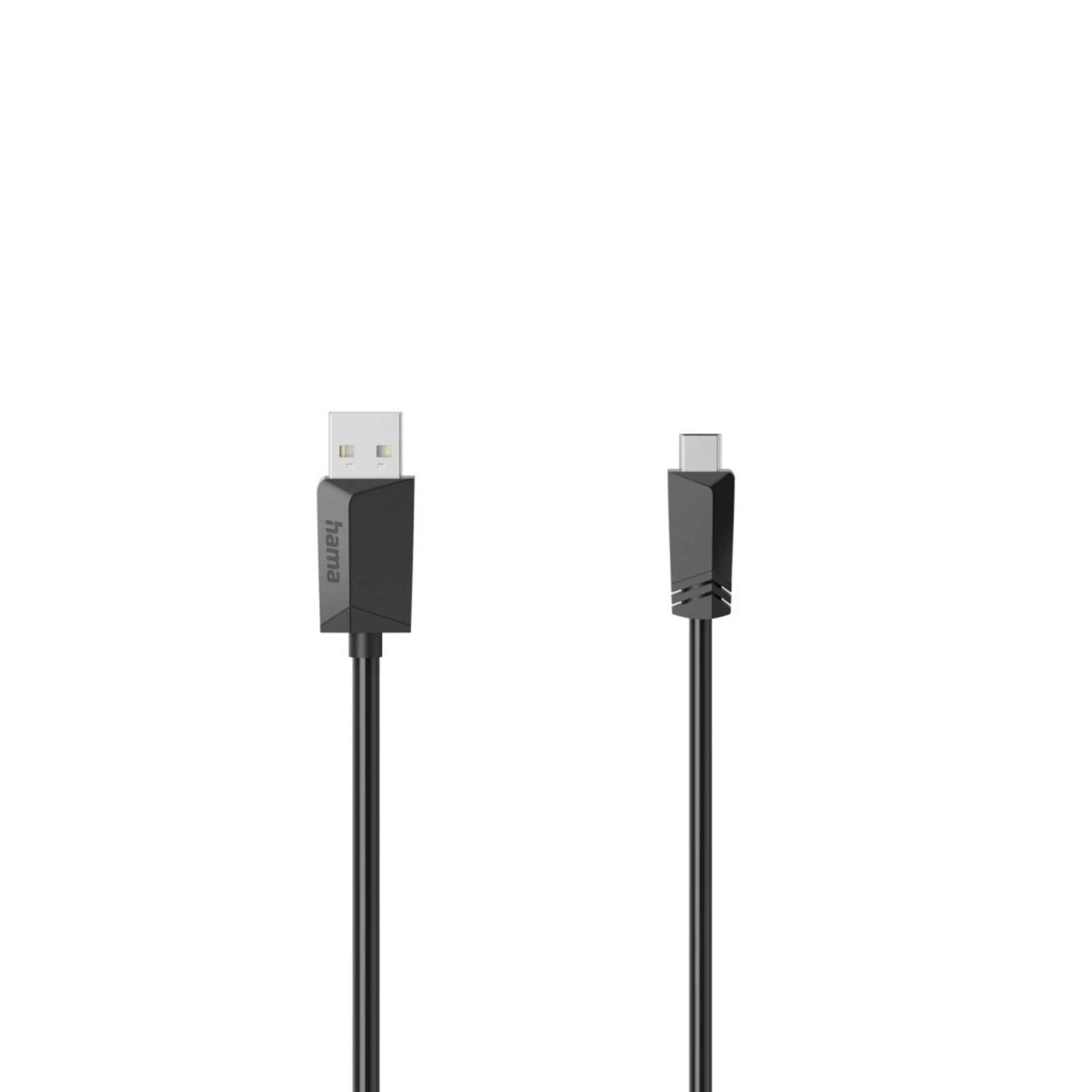 Schwarzes USB-zu-Typ-C-Kabel. USB-Ende links, Typ-C-Ende rechts, weißer Hintergrund.