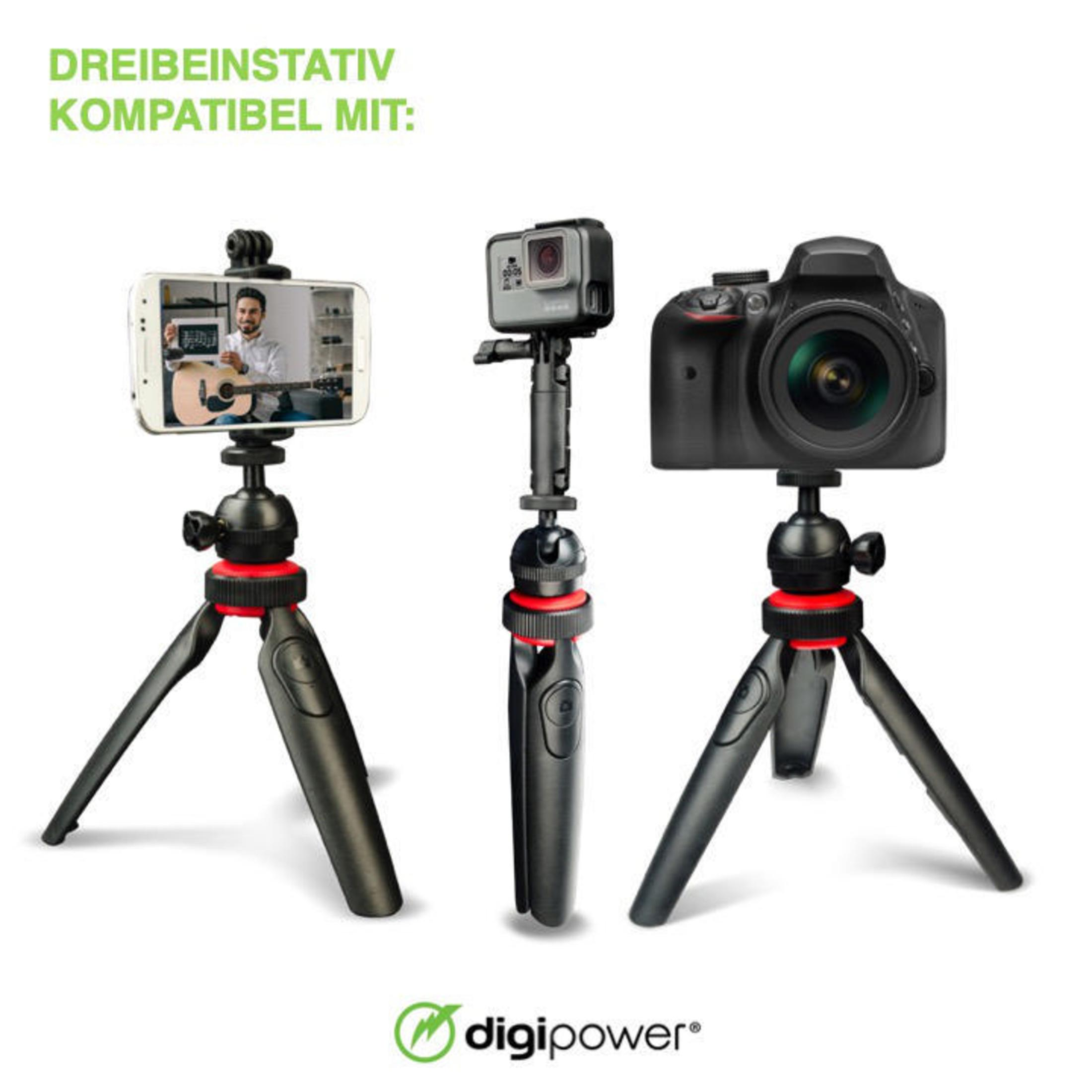 Tre fotocamere su treppiedi. Telefono, GoPro e DSLR. Tutti su treppiedi neri con dettagli rossi. Logo DigiPower.