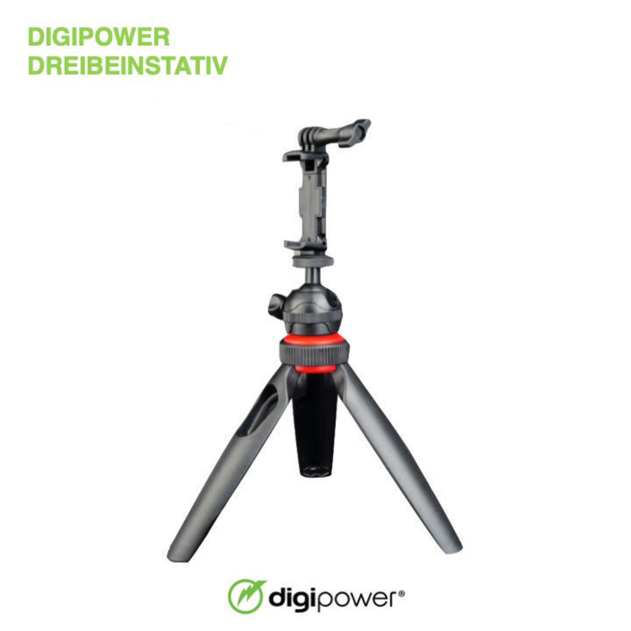 Un treppiede nero e grigio con supporto per telefono su sfondo bianco. Il marchio è Digipower.