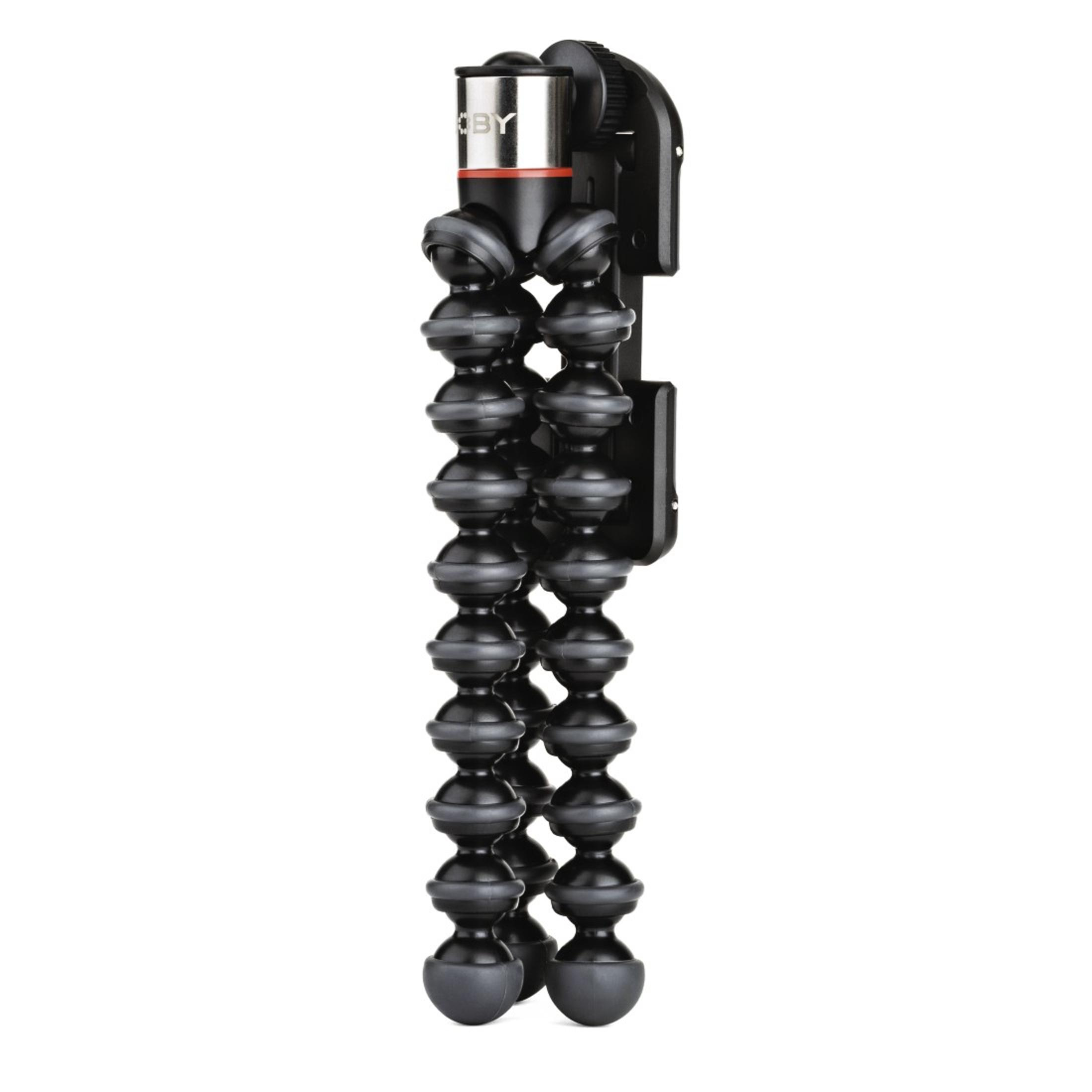 Schwarzes flexibles Stativ mit grauen und schwarzen Kugelgelenken. Roter Akzent oben.