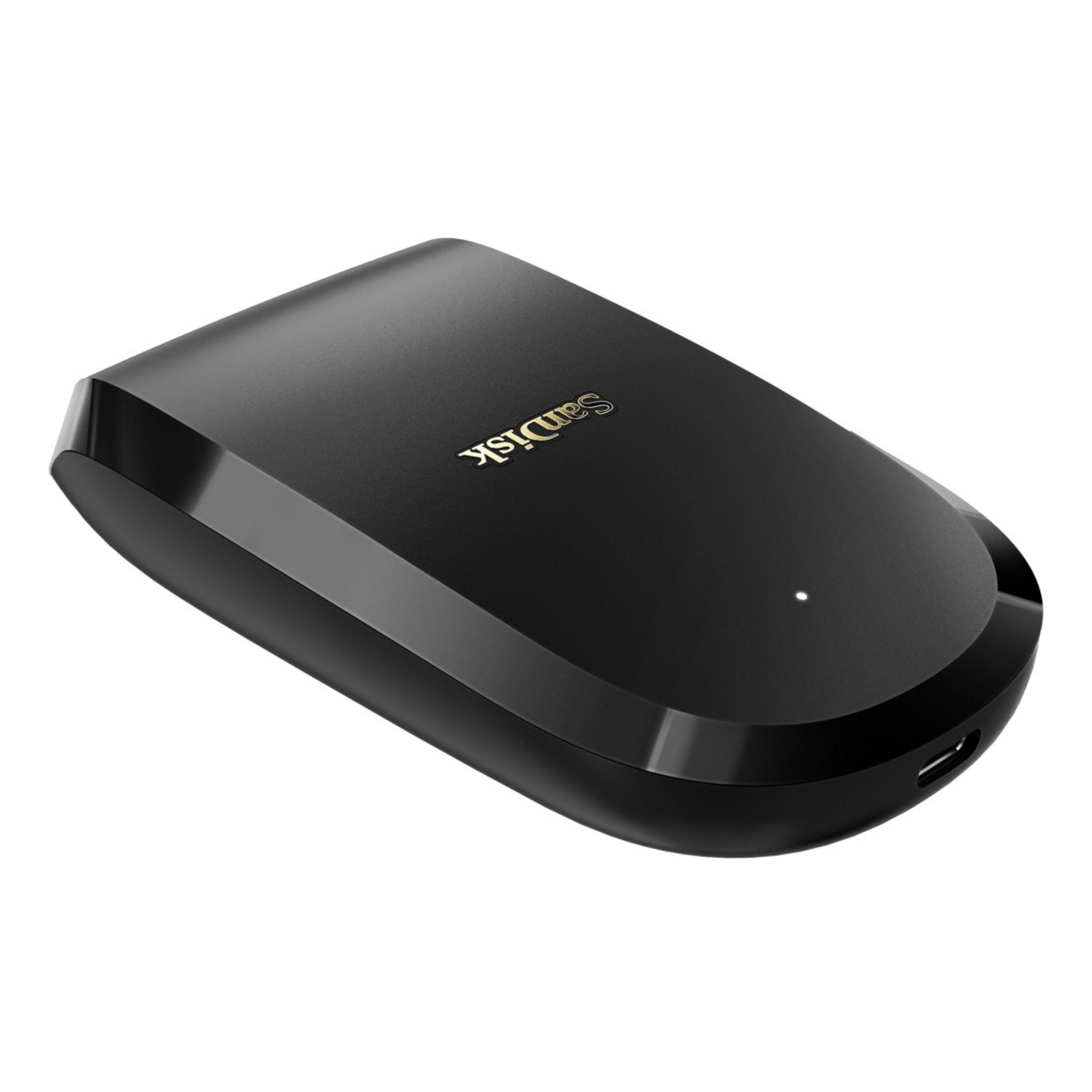 Schwarze SanDisk externe Festplatte mit geschwungenem Design und goldenem Markennamen.
