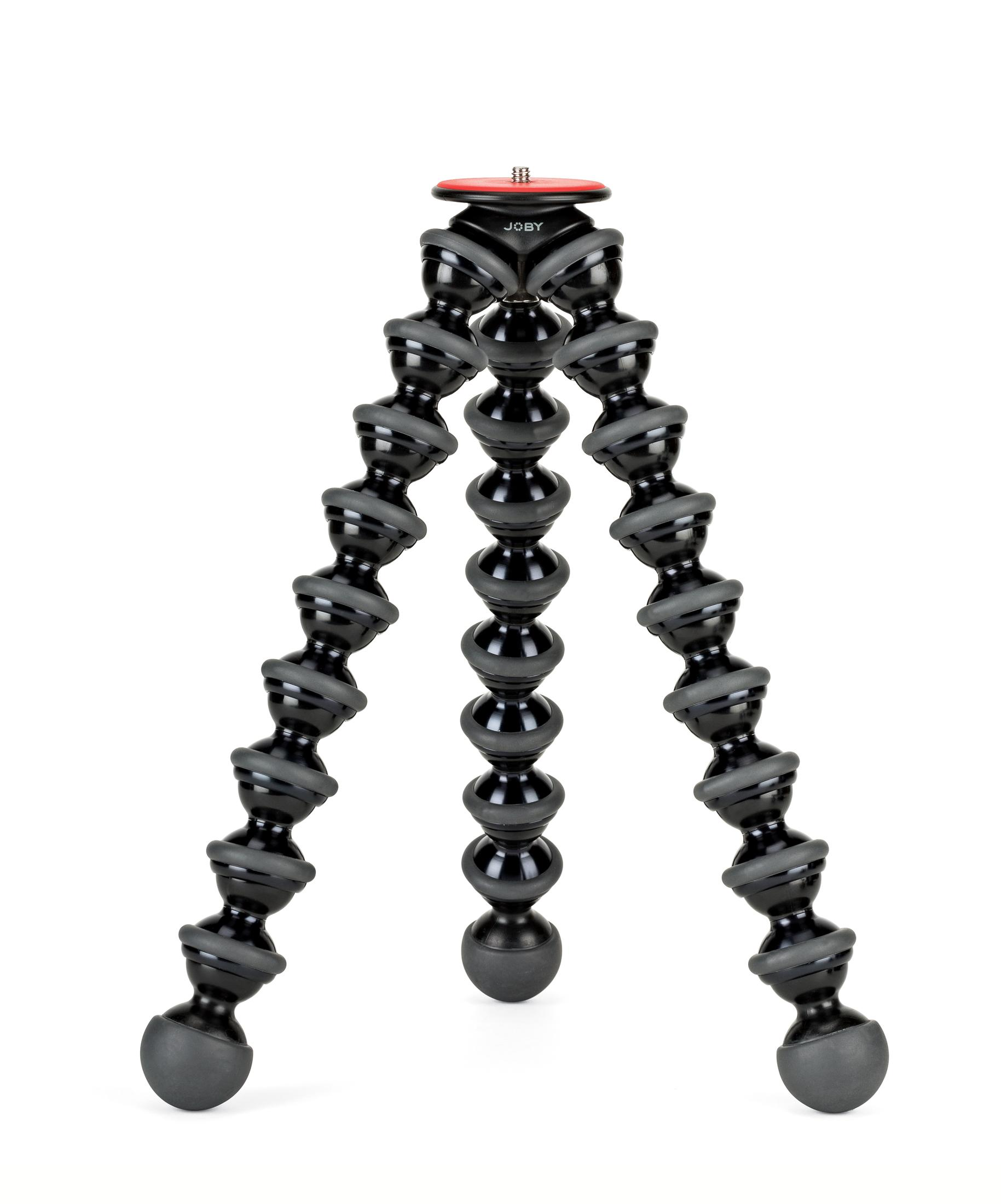 Schwarzes Joby-Stativ mit flexiblen Beinen, rotem Oberteil, auf weißem Hintergrund.