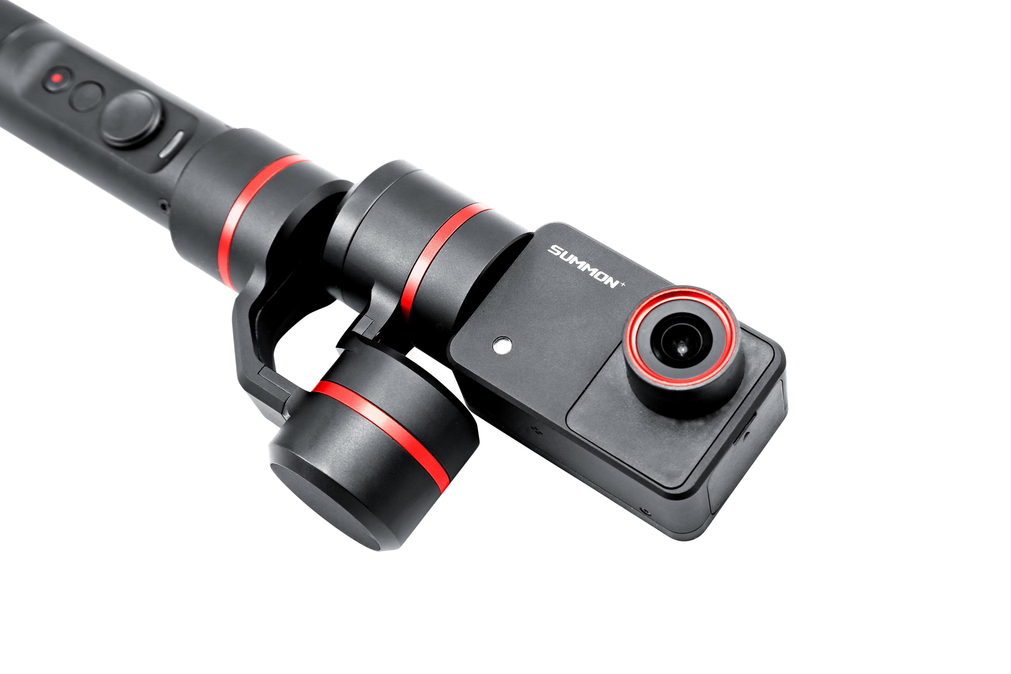 Ein schwarzer und roter Handkamera-Stabilisator auf weißem Hintergrund.