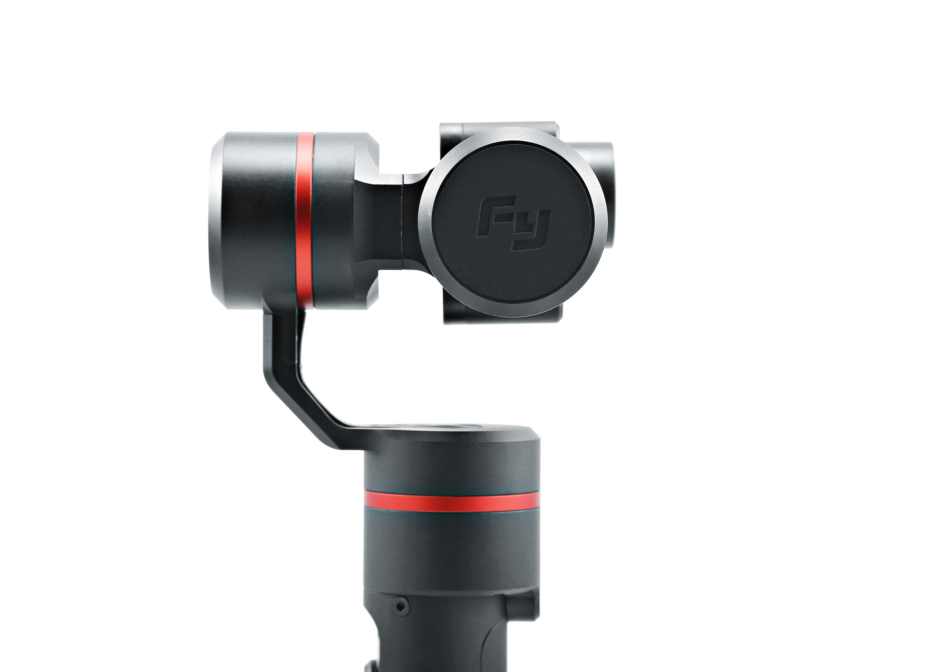 Ein schwarzer, handgehaltener Gimbal mit roten Akzenten. Es ist ein Gerät mit Griff und drehbarem Kopf.