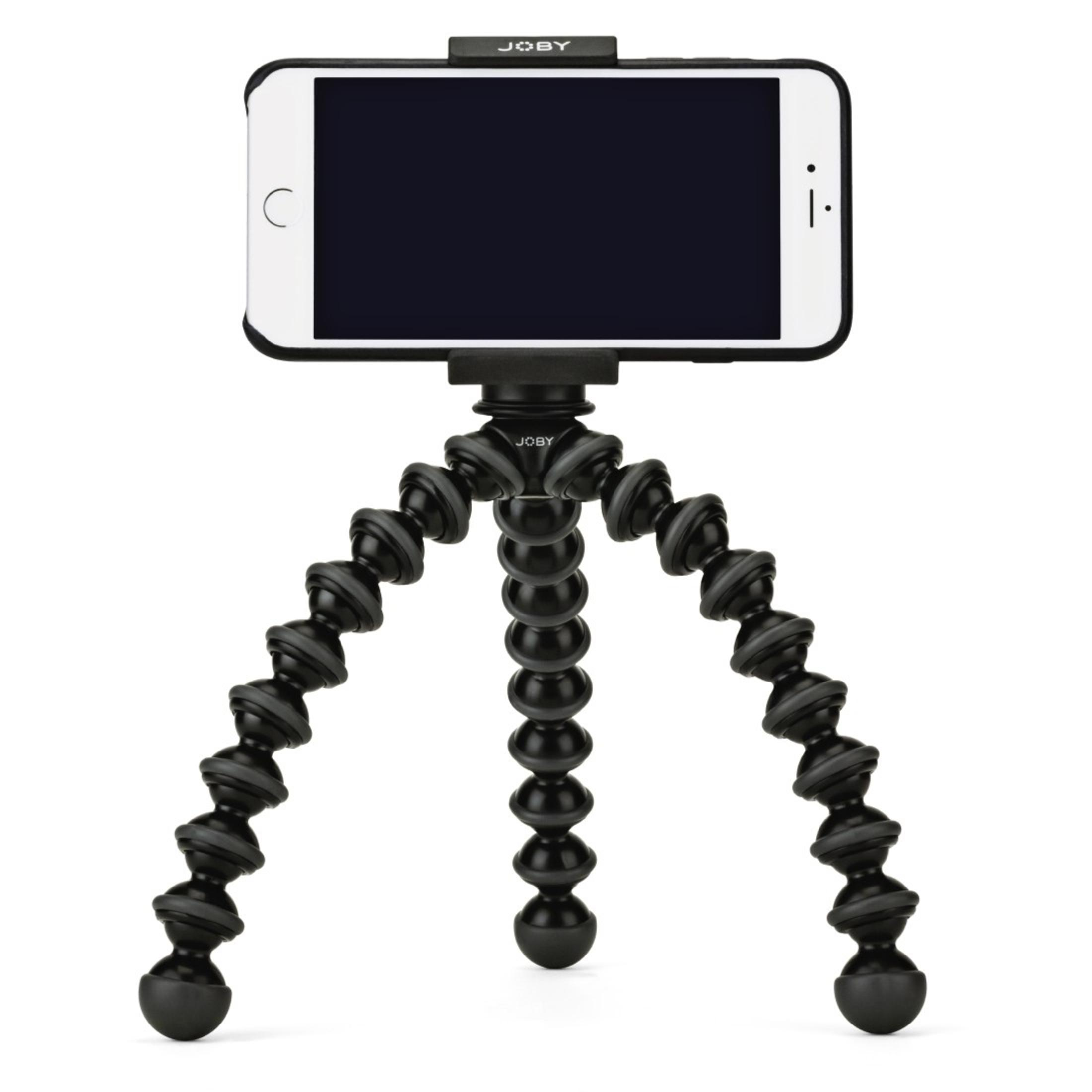 Schwarzes Stativ mit flexiblen Beinen, das ein Smartphone hält. Weißer Hintergrund.