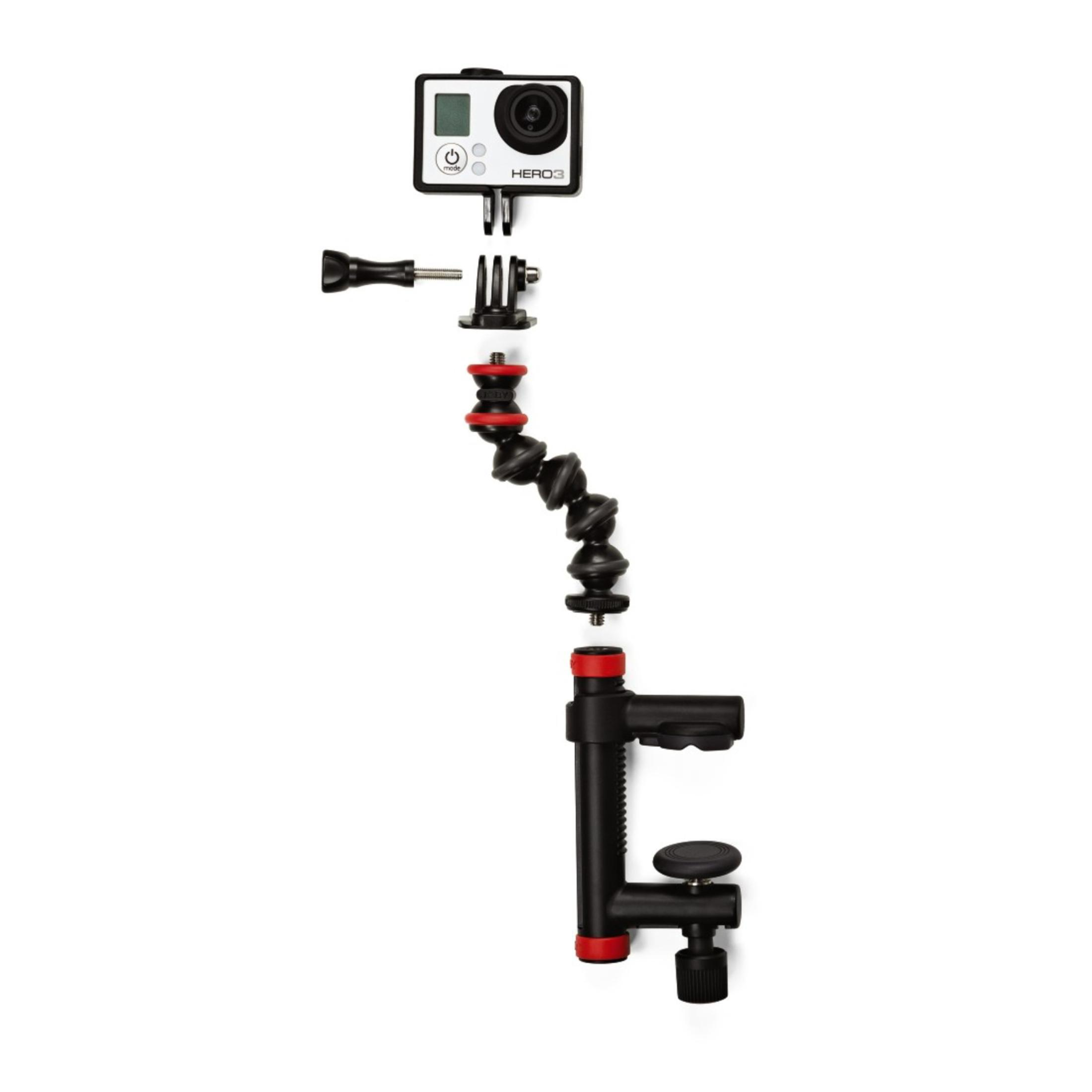 Fotocamera GoPro e treppiede flessibile. Colori nero e rosso. Sfondo bianco.