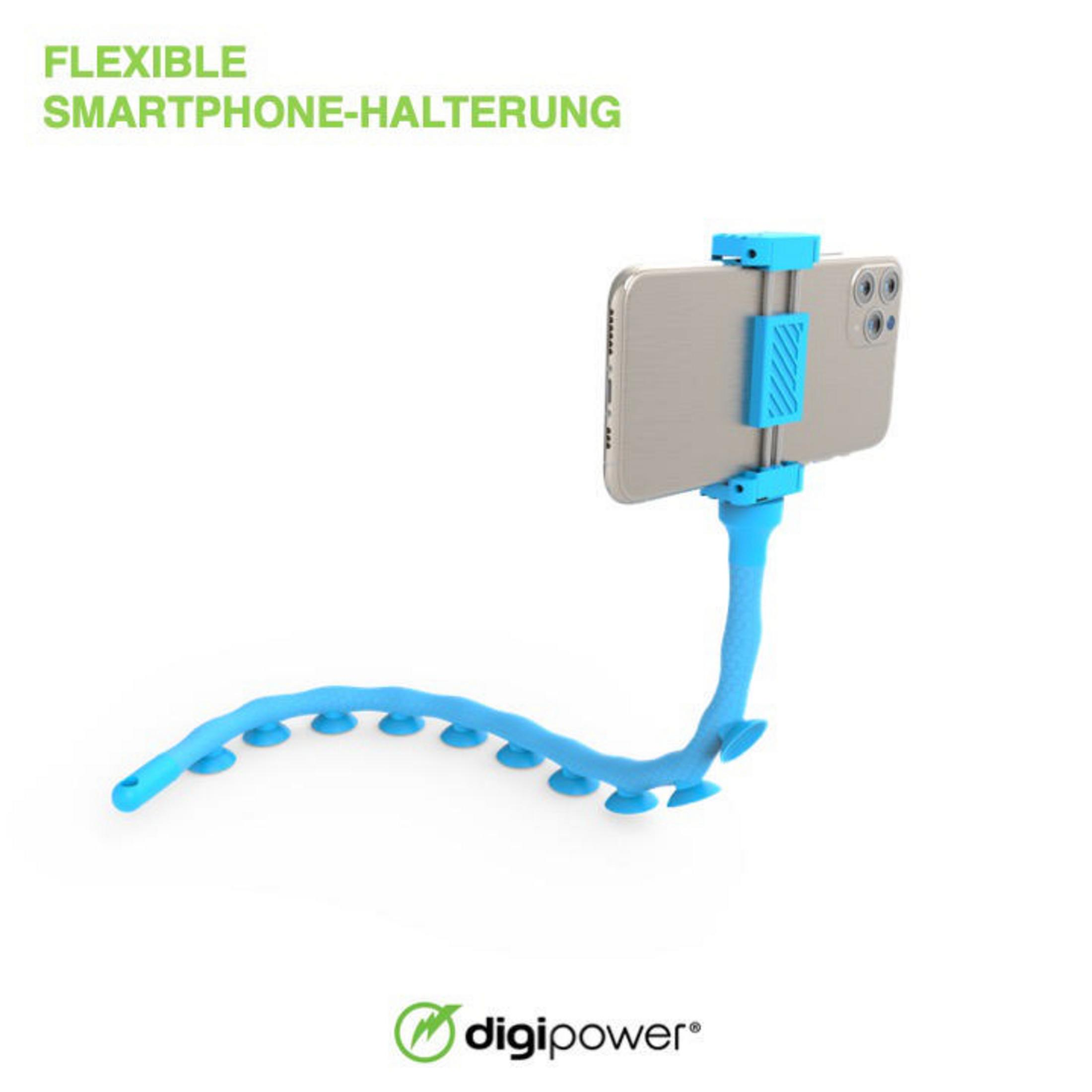Smartphone auf flexiblem blauen Ständer mit Saugnäpfen, auf weißer Oberfläche, mit Text.