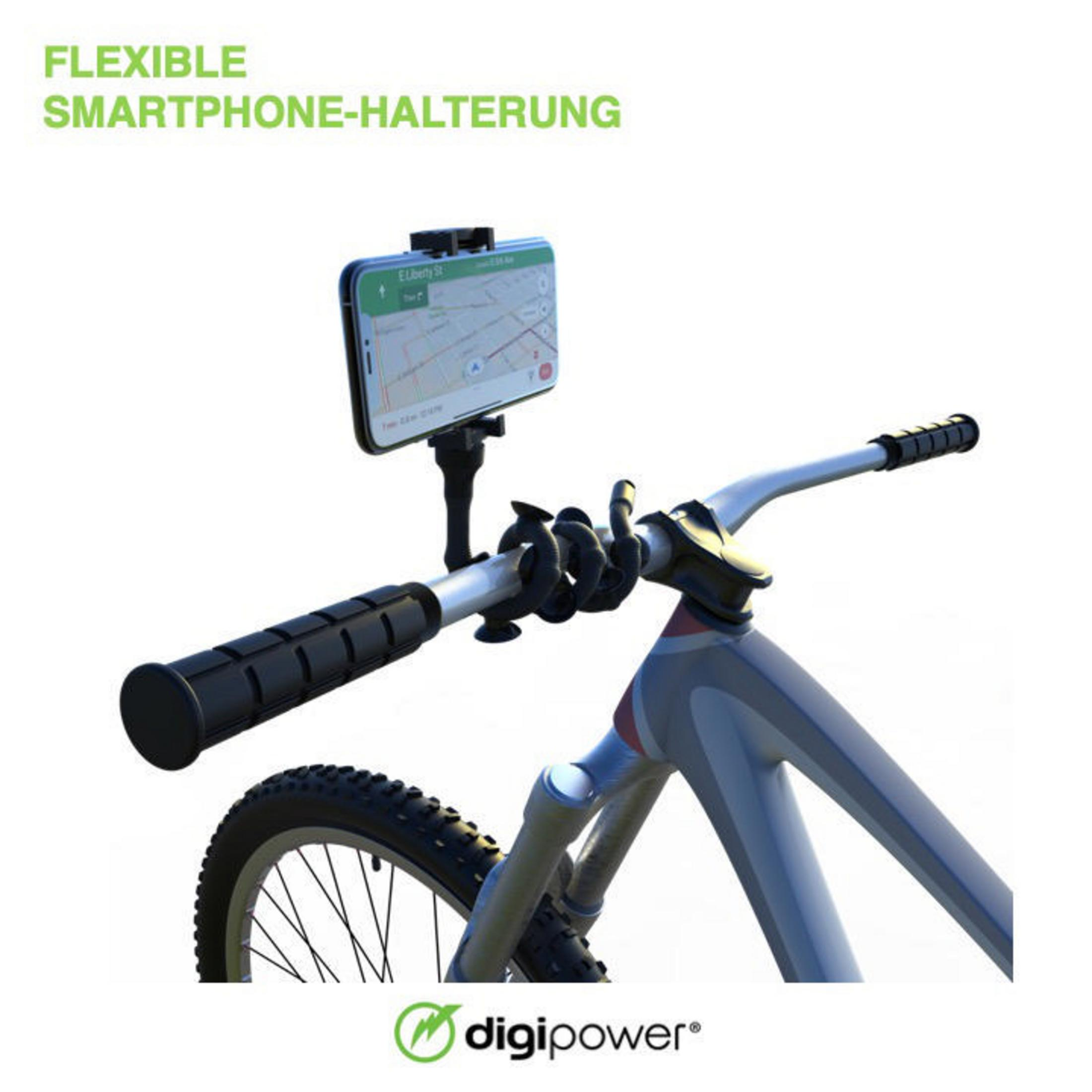Smartphone am Fahrradlenker montiert, zeigt Navigationskarte, mit schwarzen Griffen und Fahrrad.