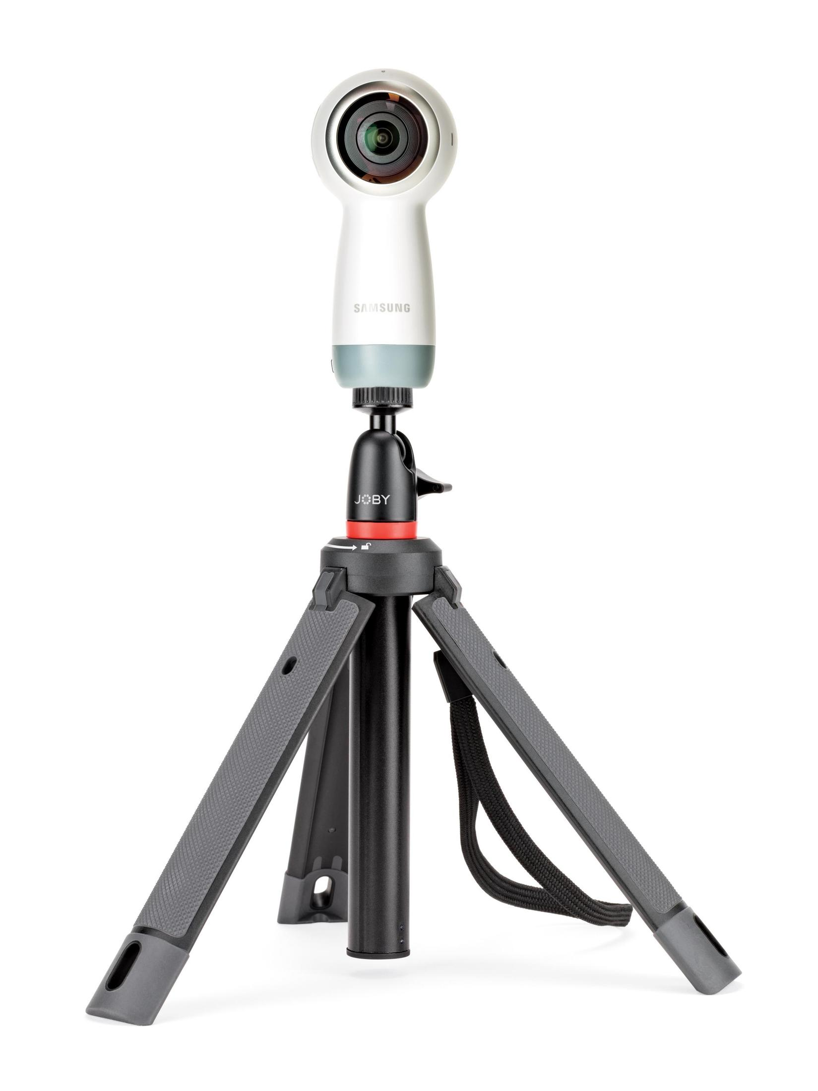 A white Samsung camera on a tripod. It has a 360-degree lens.