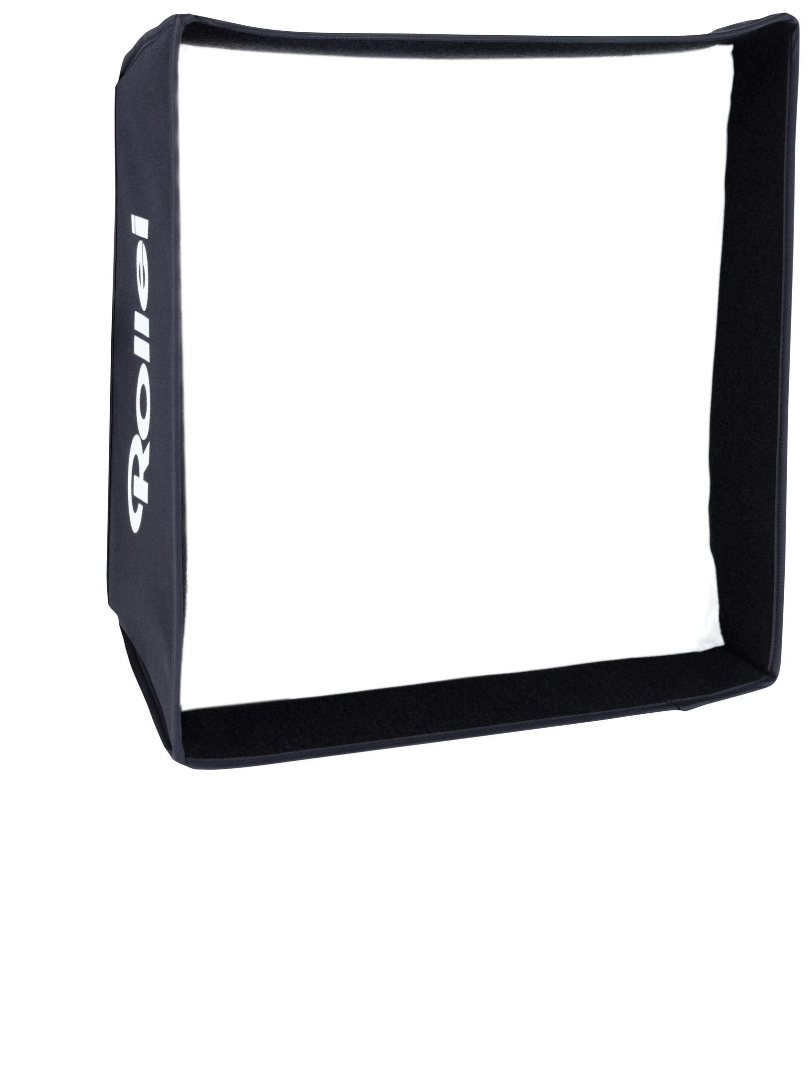 Ein schwarz-weißer Softbox mit dem Namen 'Rollei' an der Seite. Weißer Hintergrund.