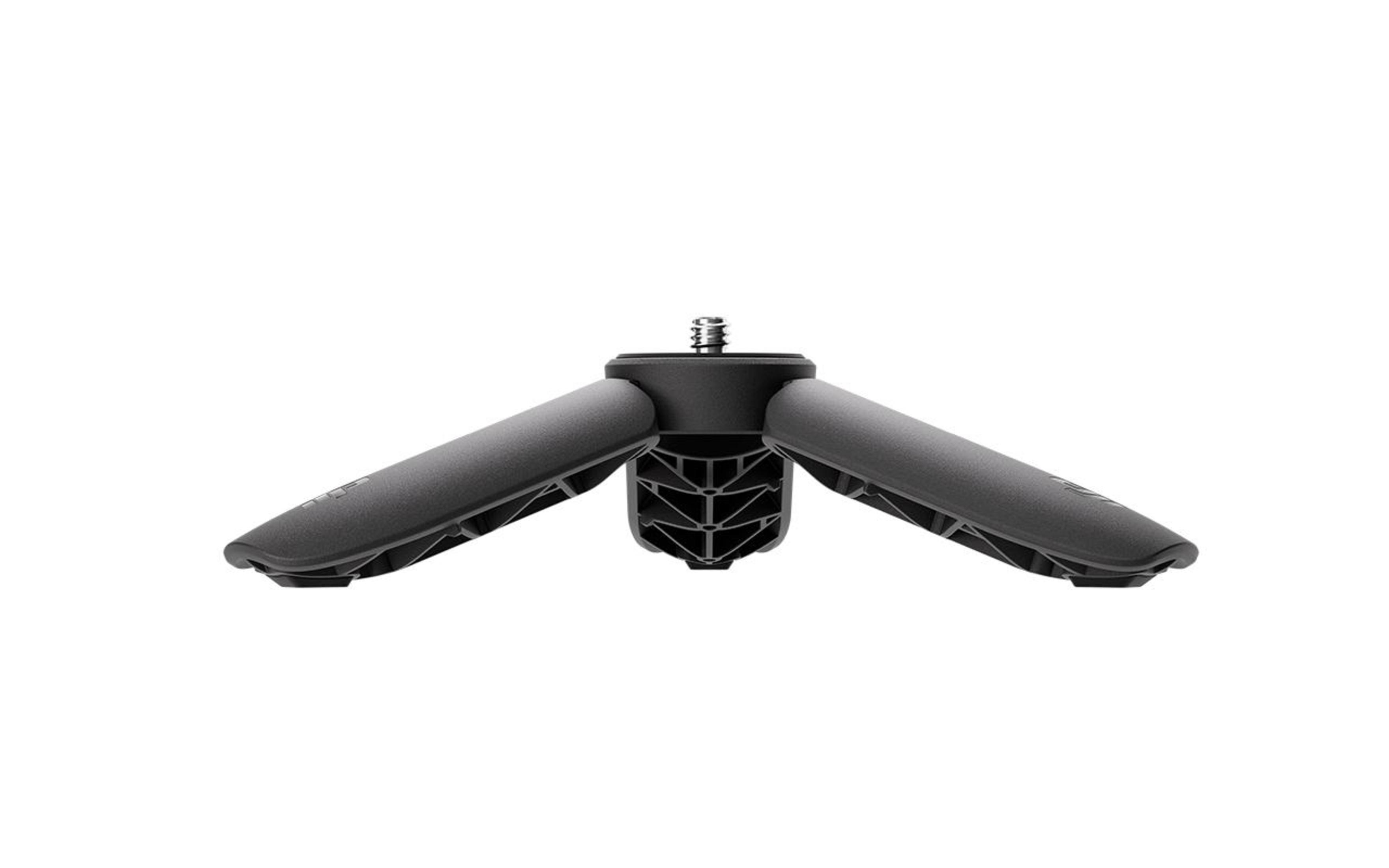 Mały czarny statyw z rozłożonymi nogami. Białe tło.