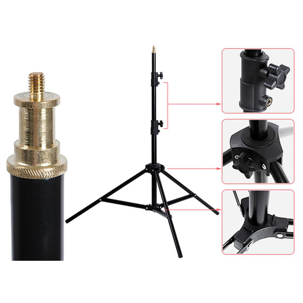 A black tripod for a camera. It has a gold colored screw and three legs.
