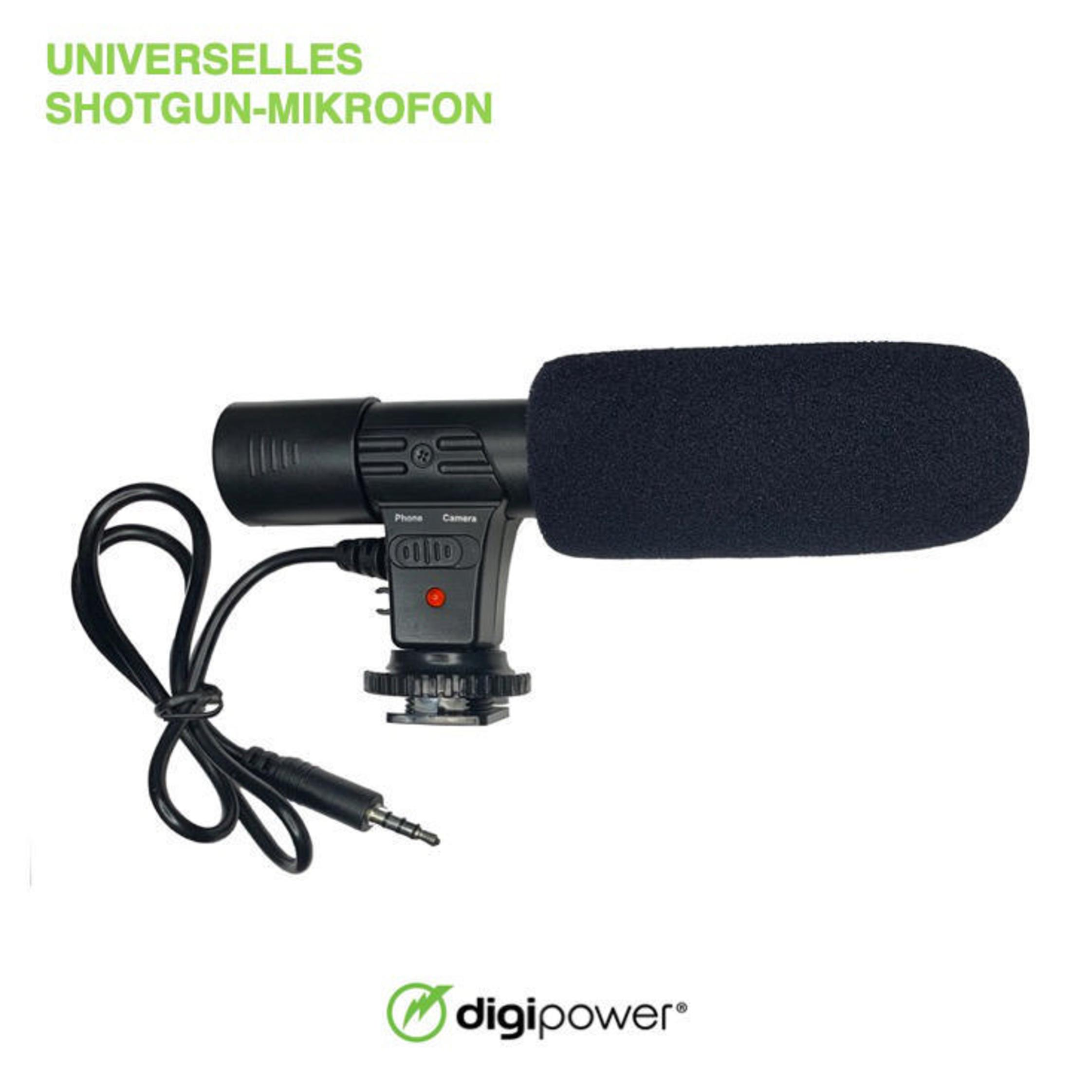 Shotgun-Mikrofon mit Schaumstoff-Windschutz und Kabel. Mit den Worten: Universelles Shotgun-Mikrofon.