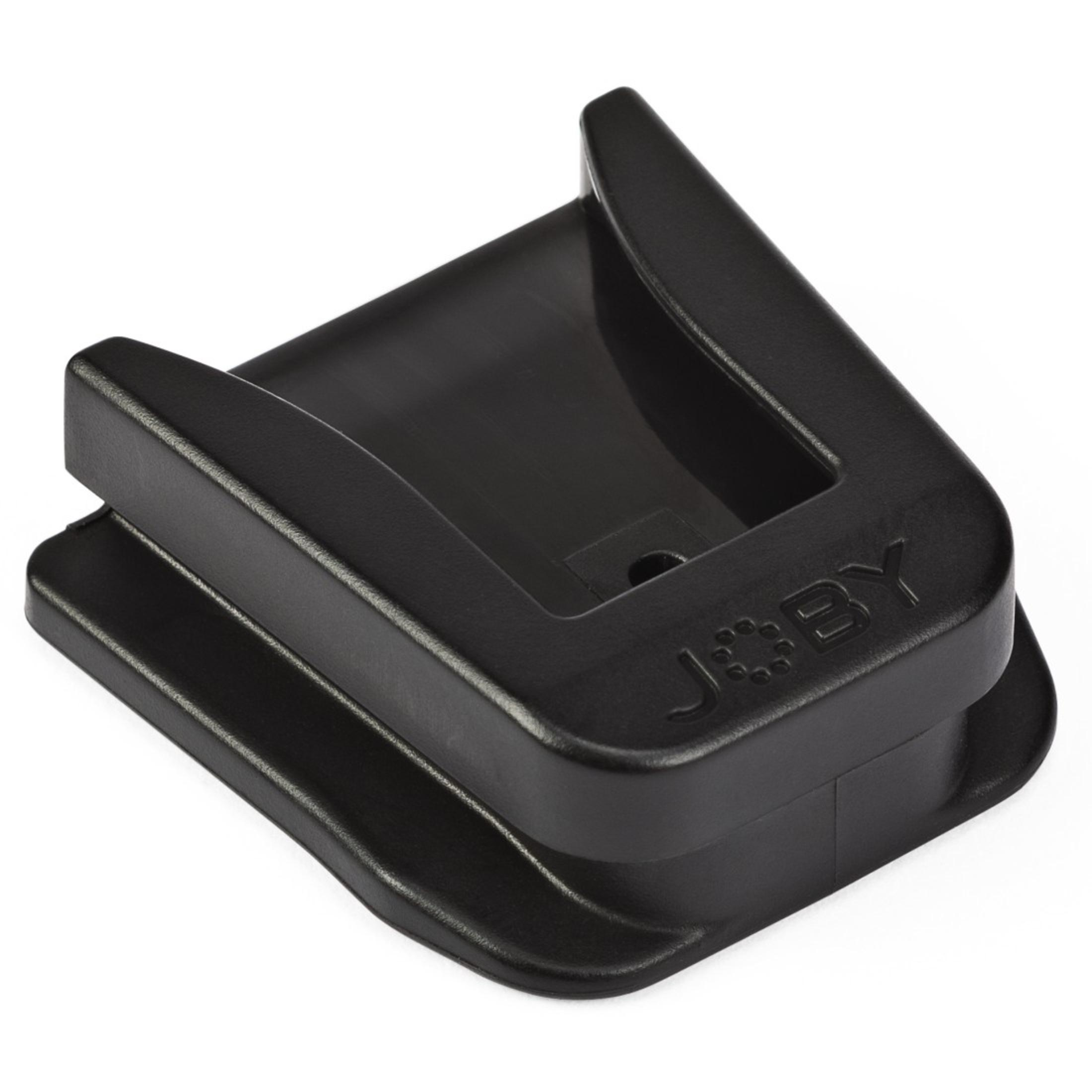 Schwarze Joby-Halterung. Abgewinkeltes Design mit dem Joby-Logo, vor weißem Hintergrund.