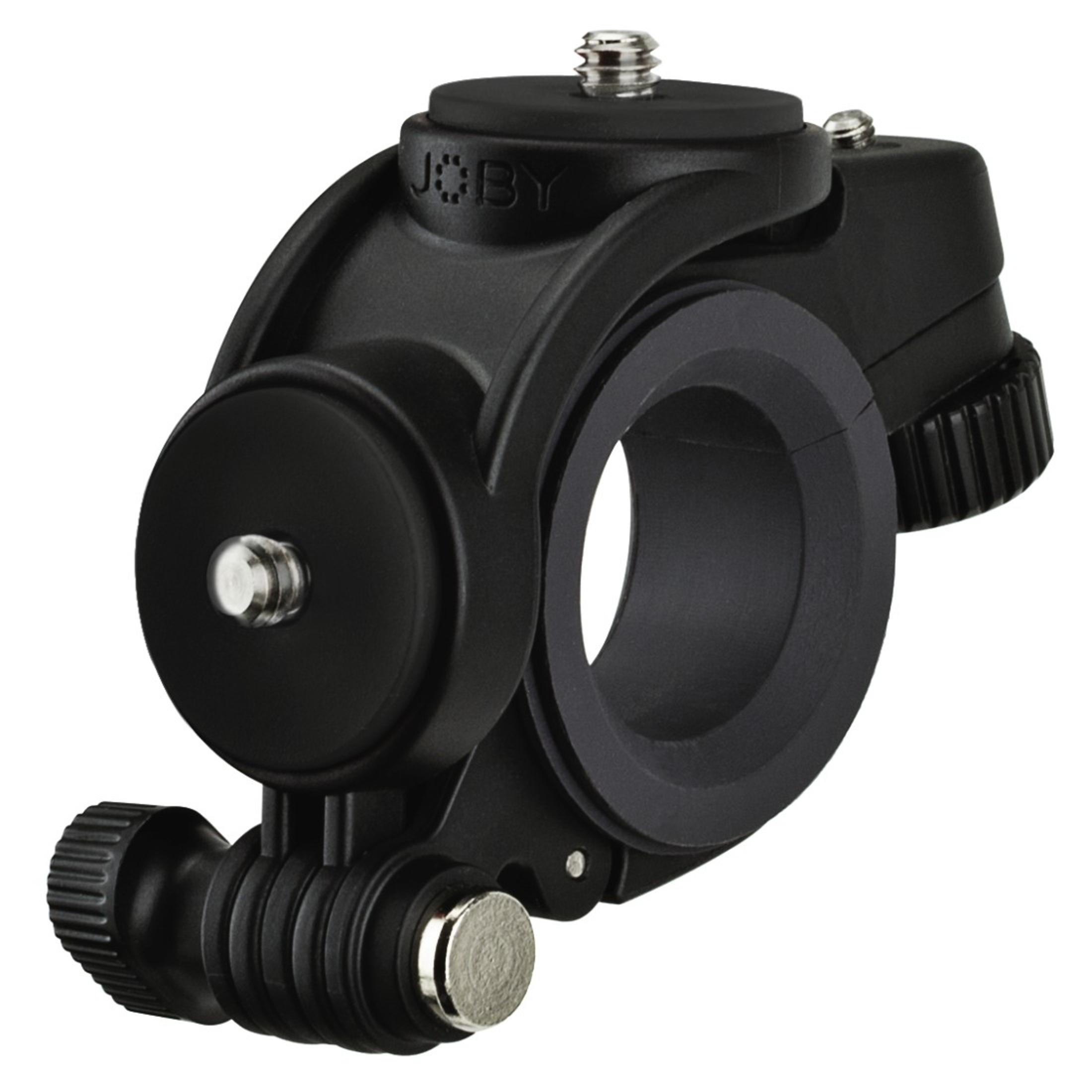 Eine schwarze Klemme mit drehbarem Ring. Sie hat eine Schraube oben und seitlich, weißer Hintergrund.
