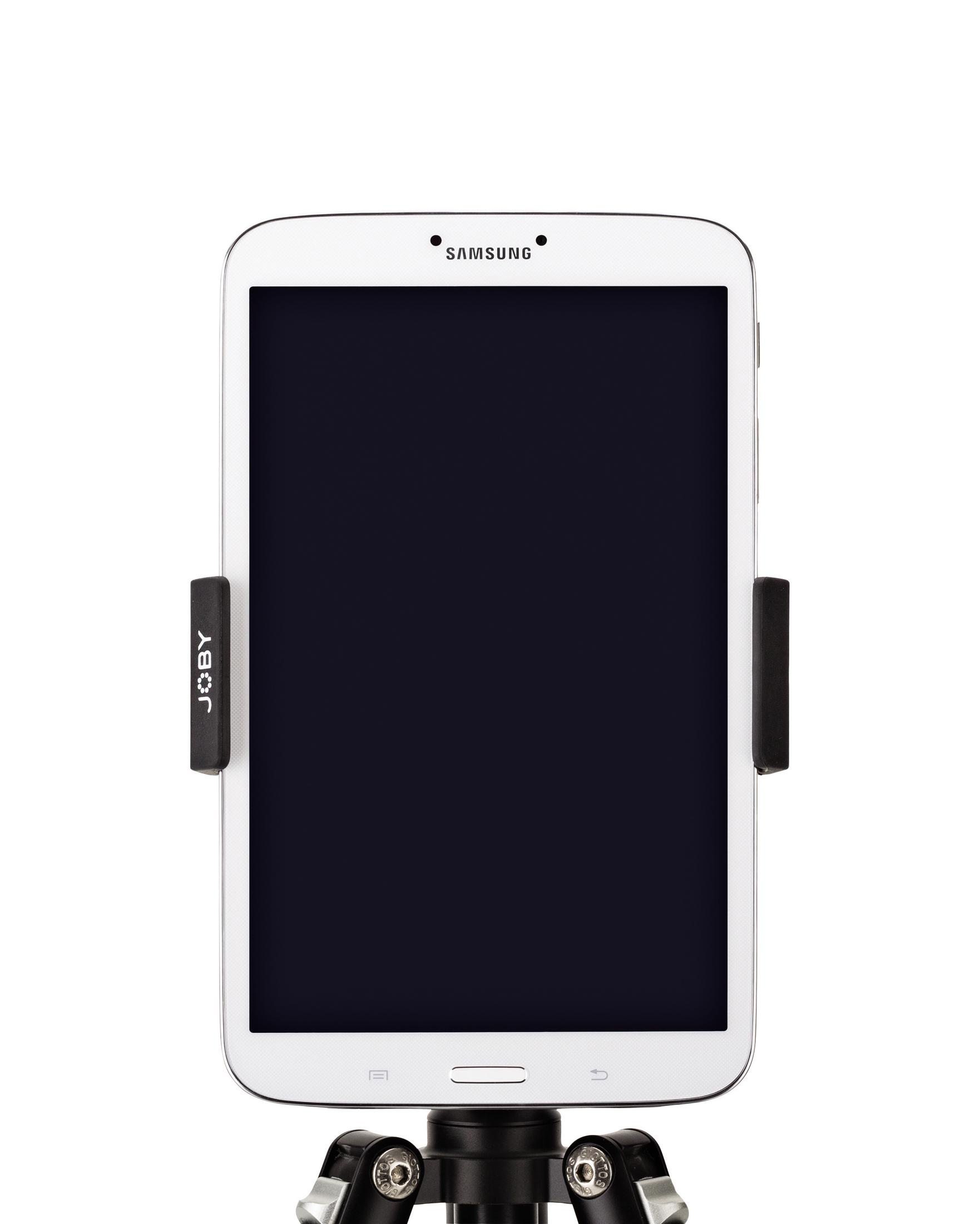 Weißes Tablet auf einem Stativ montiert, mit schwarzem Bildschirm, isoliert auf Weiß.
