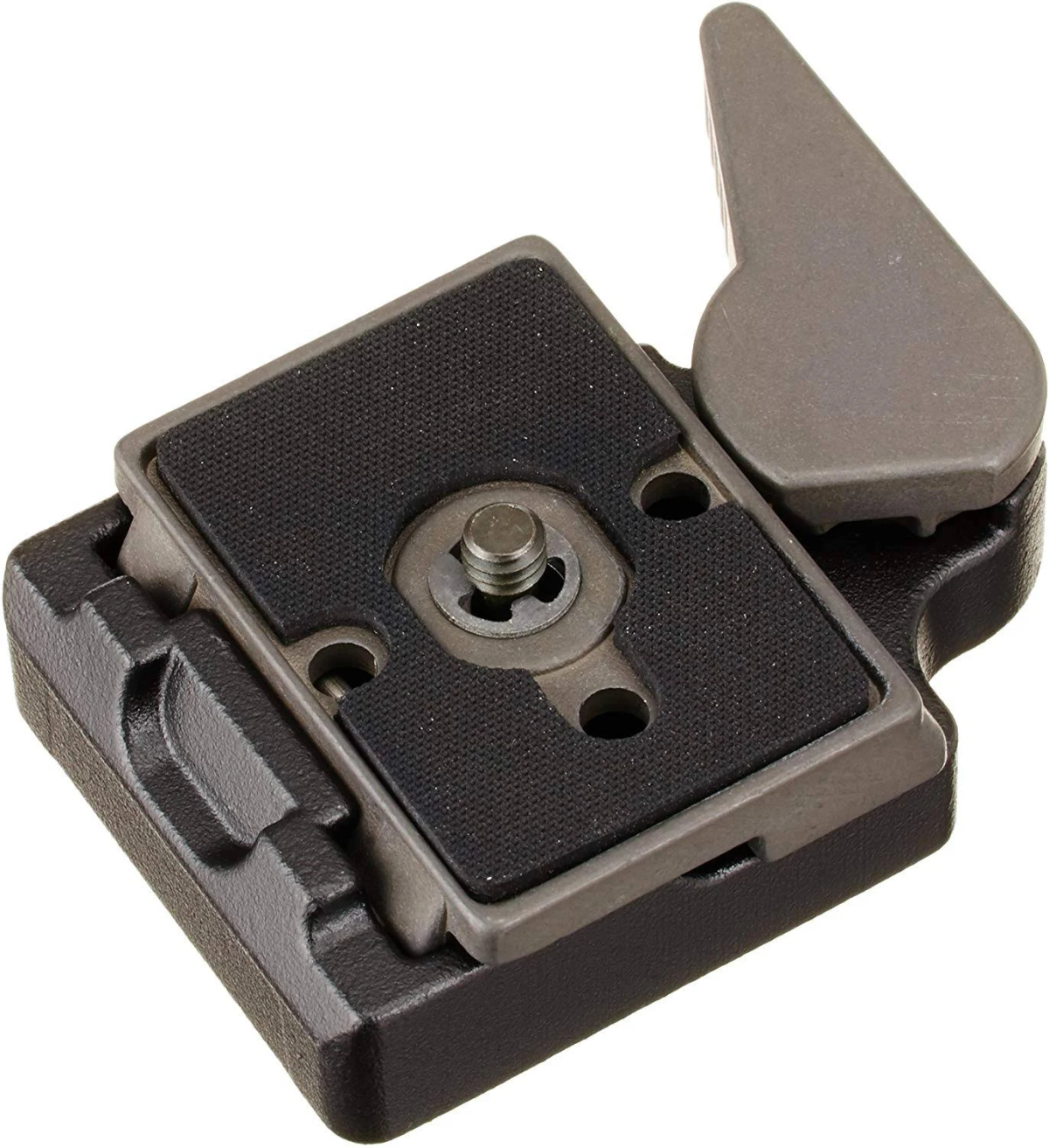 Nahaufnahme einer Kamera-Schnellwechselplatte. Hauptsächlich grau, mit schwarzem Griffmaterial.
