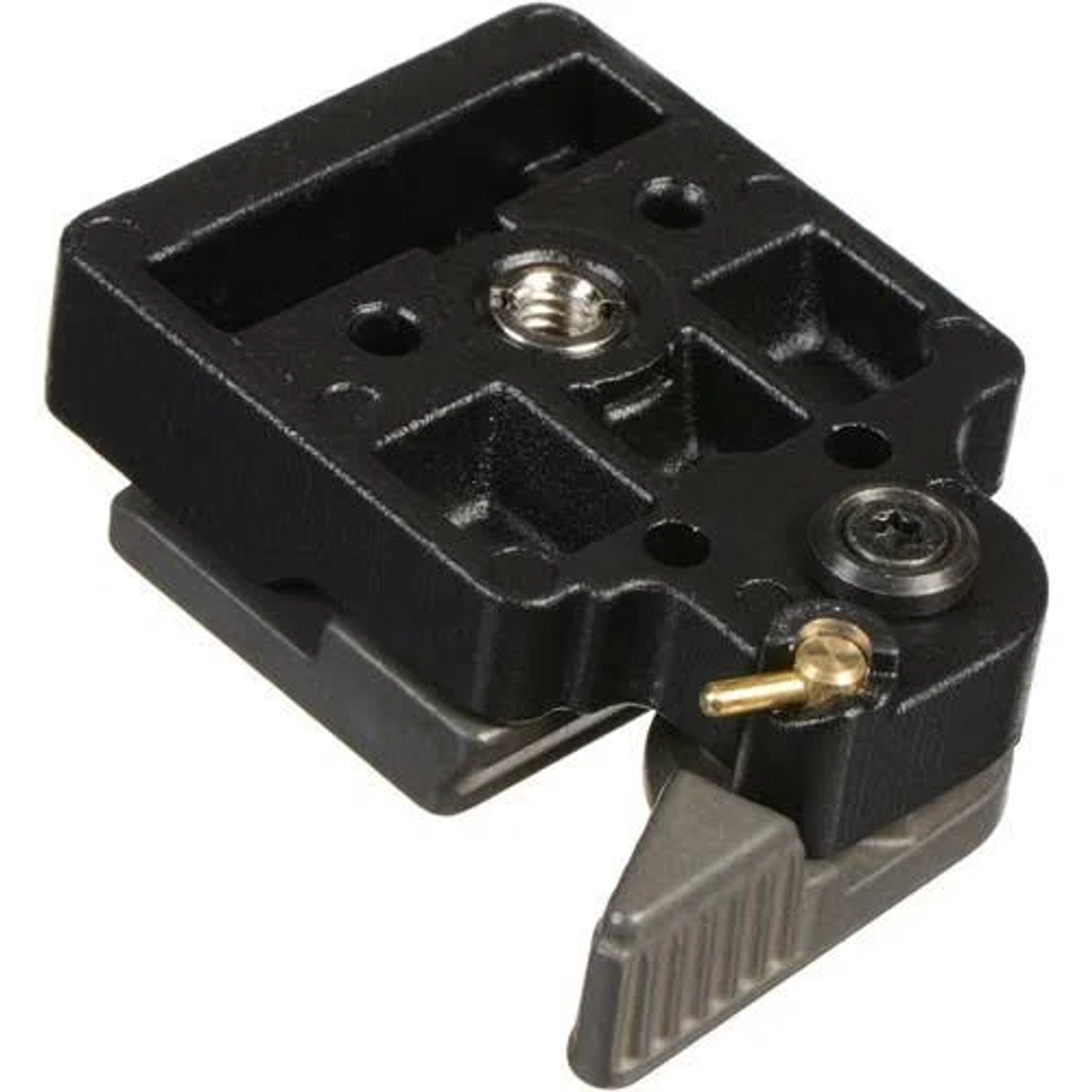 Schwarz-graue Kamera-Schnellwechselplatte mit Hebel und Schraube.