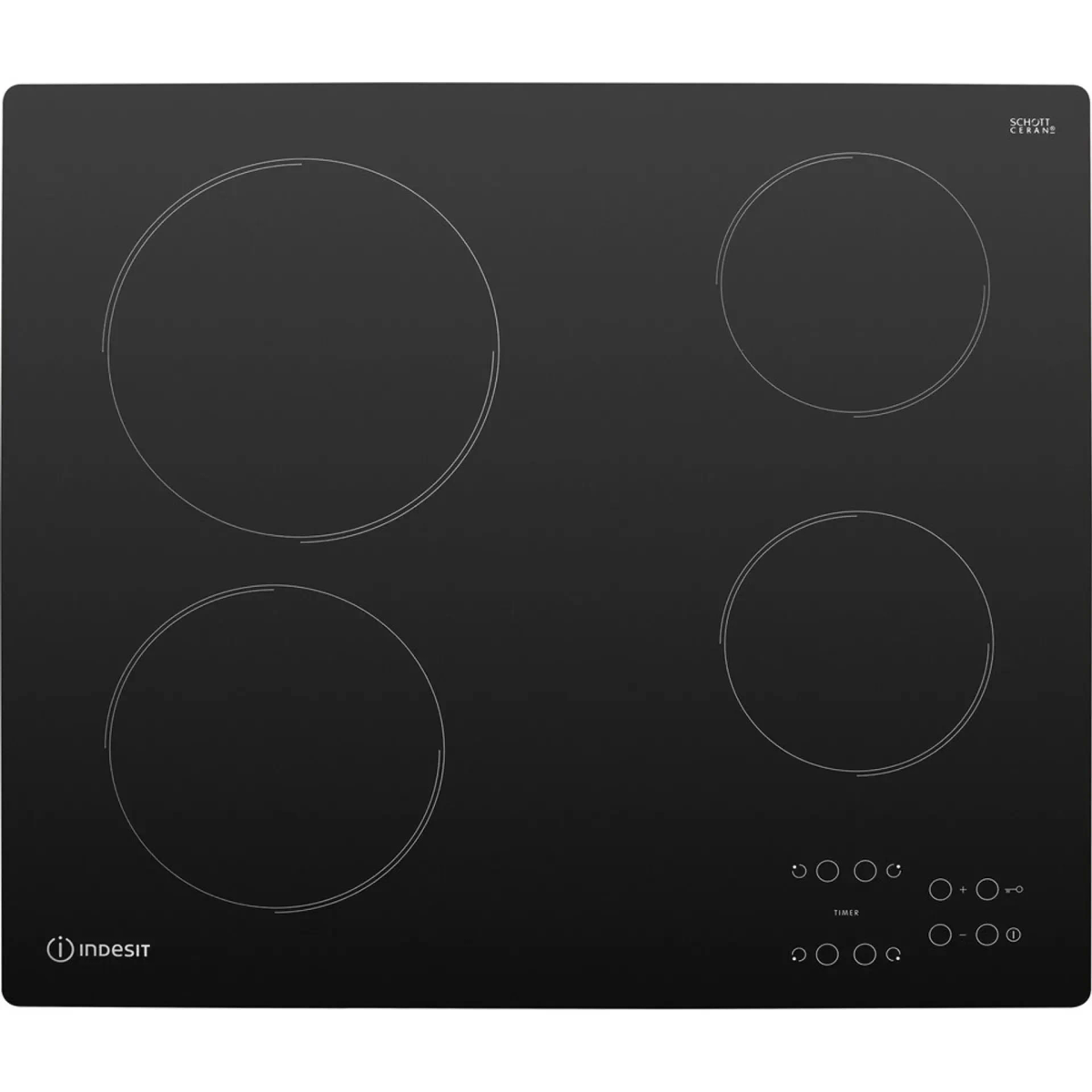 Placa de inducción negra con cuatro zonas de cocción circulares y panel de control.