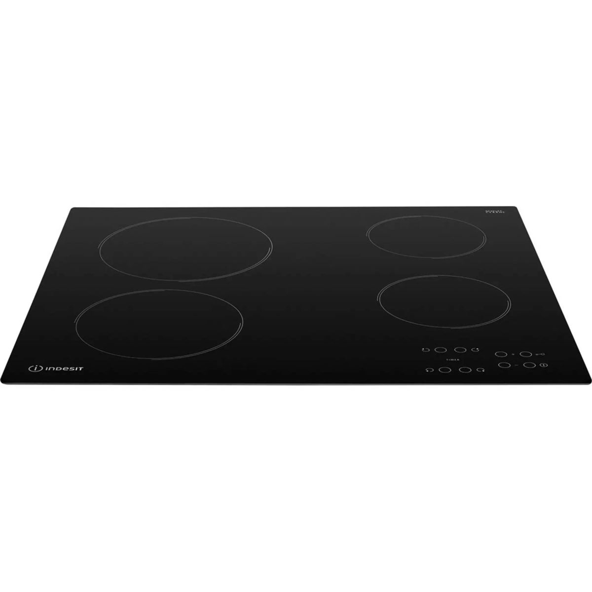 Placa de inducción negra con cuatro zonas de cocción y panel de control.