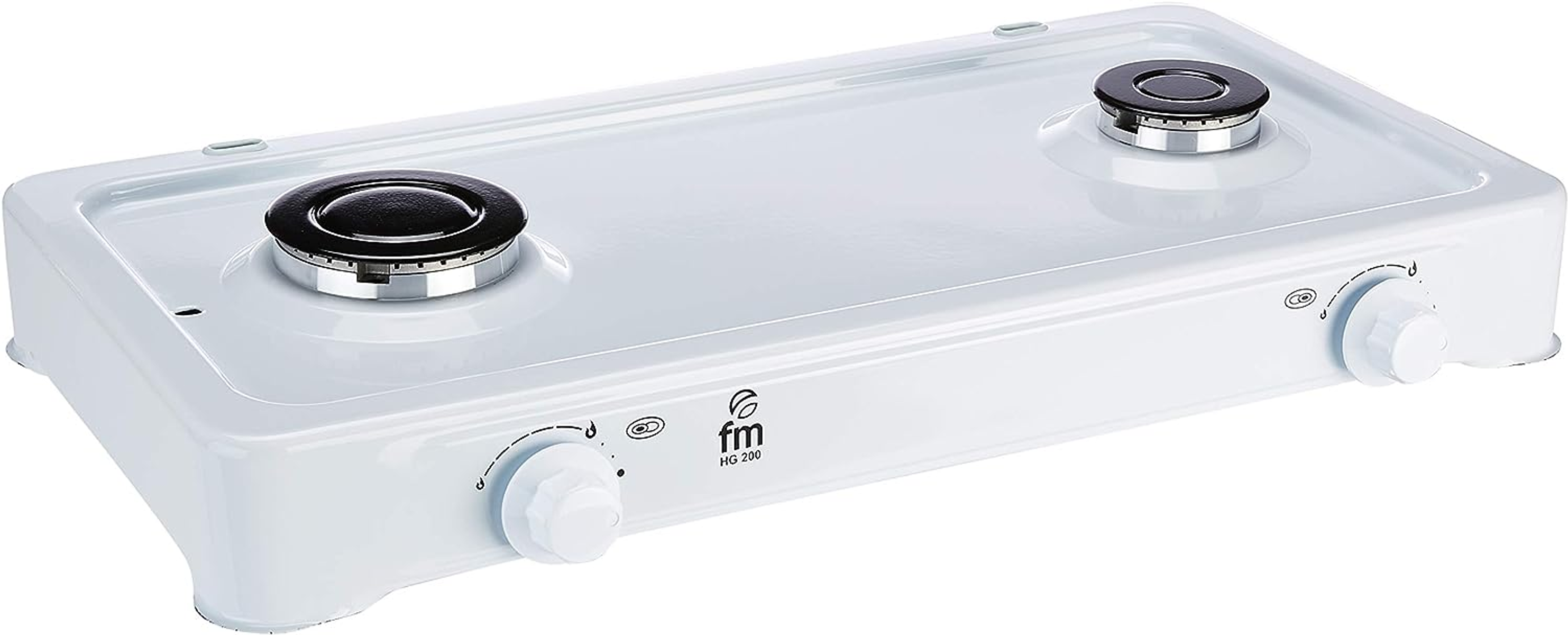 Biała kuchenka gazowa z dwoma palnikami, pokrętłami i palnikami.