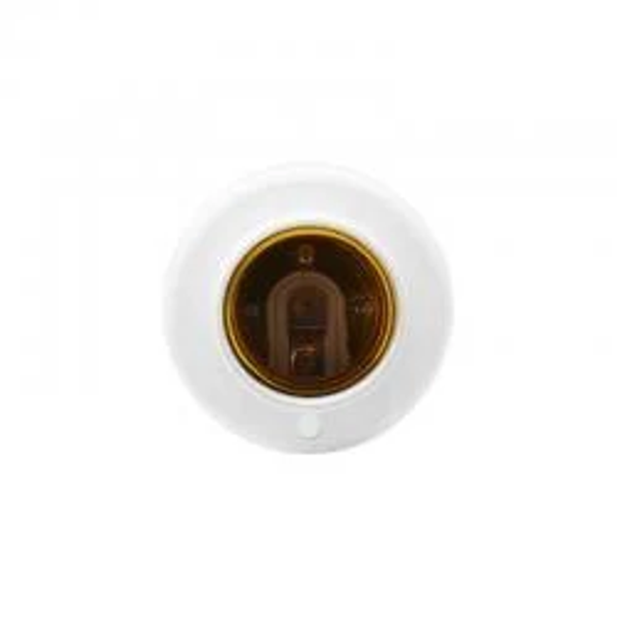 Biały uchwyt żarówki ze złotym wnętrzem, widok z góry, na białym tle.