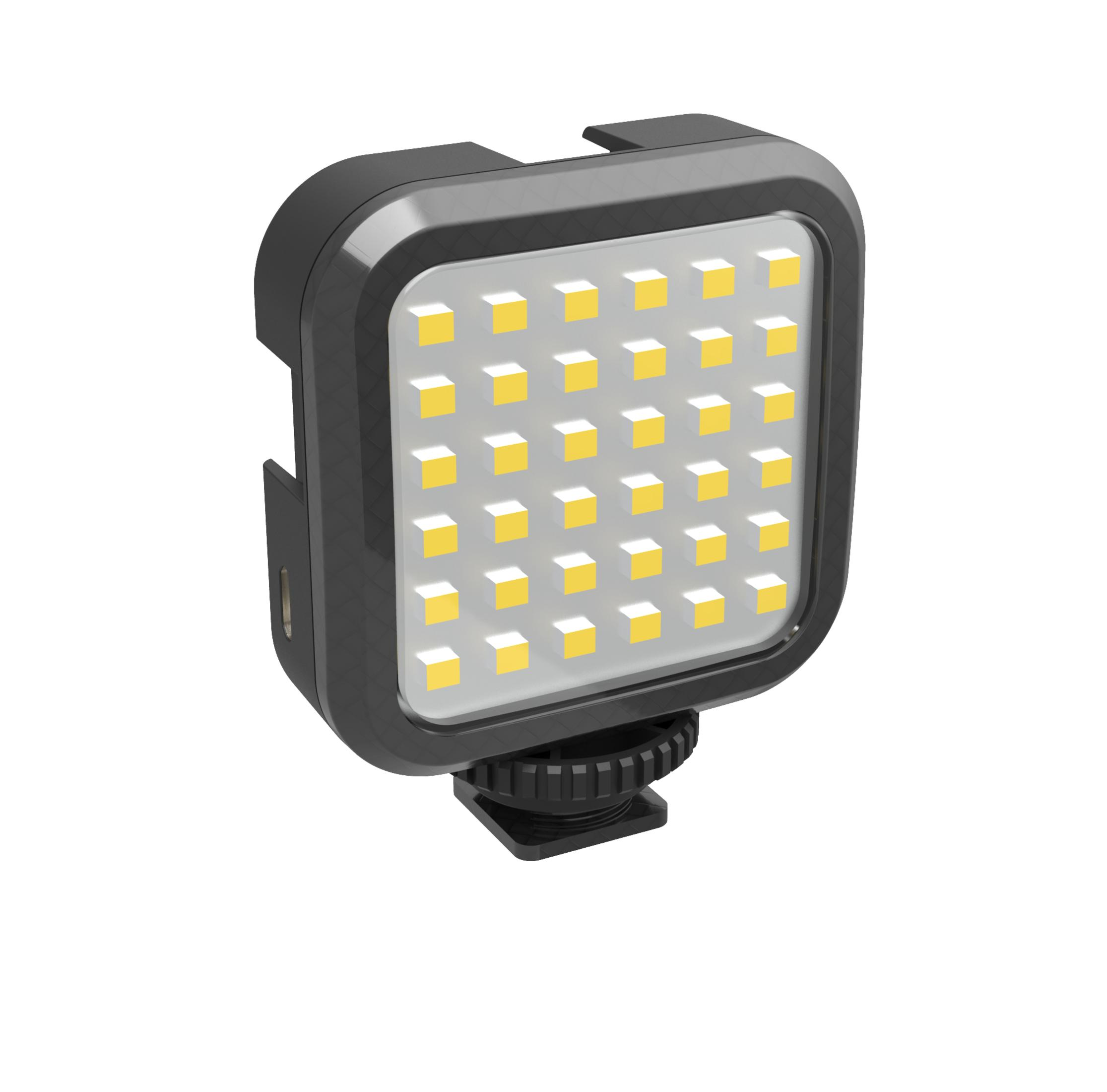 Schwarzes LED-Licht mit einem Raster aus gelben Lichtern, isoliert auf weißem Grund.
