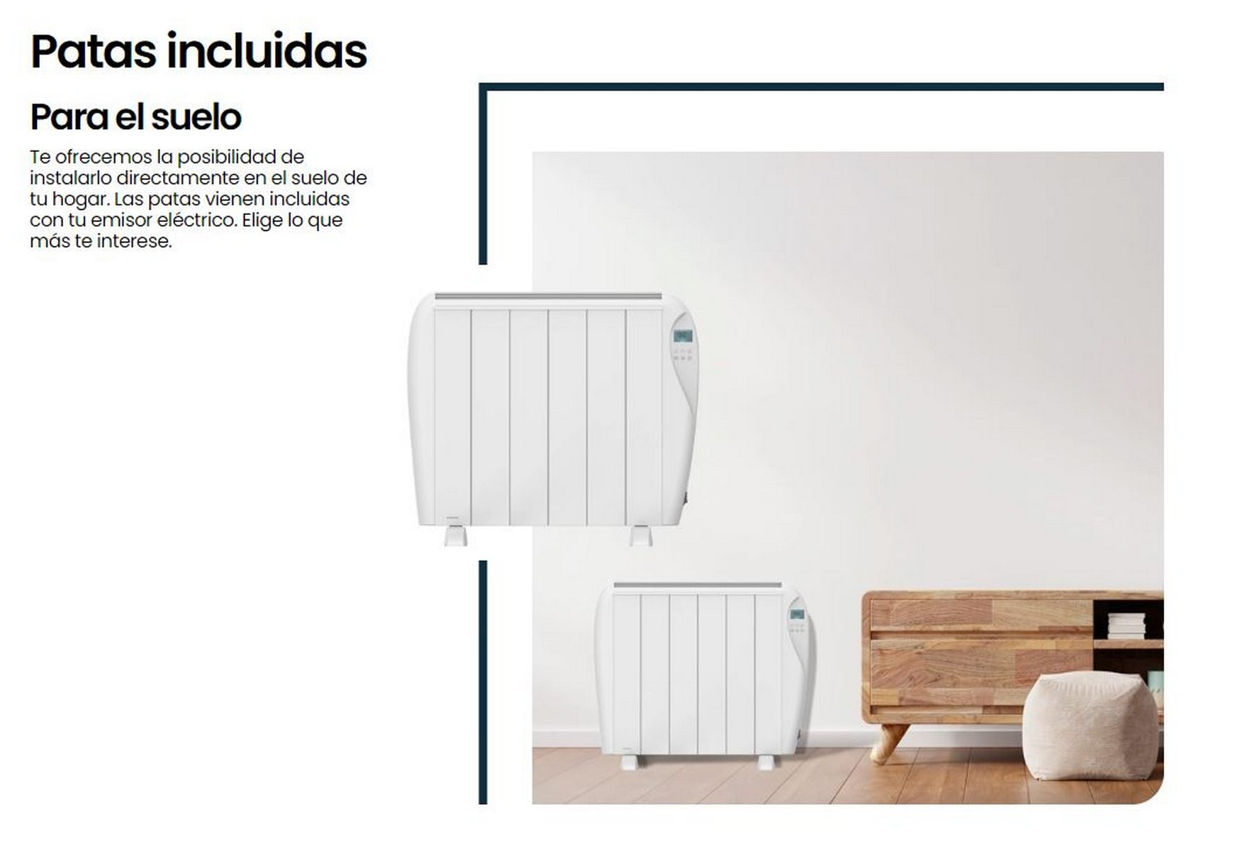 Dos calentadores blancos con patas, texto sobre patas incluidas, armario de madera y pared blanca.