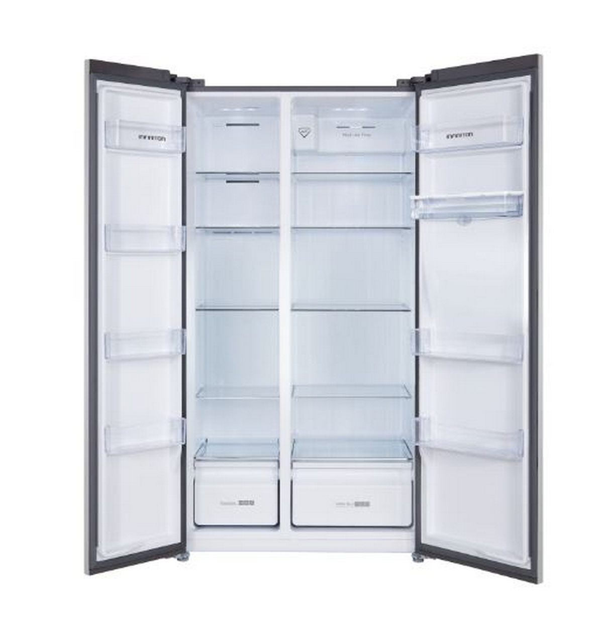 Refrigerador abierto, mostrando estantes, cajones e interior. Las puertas están abiertas.