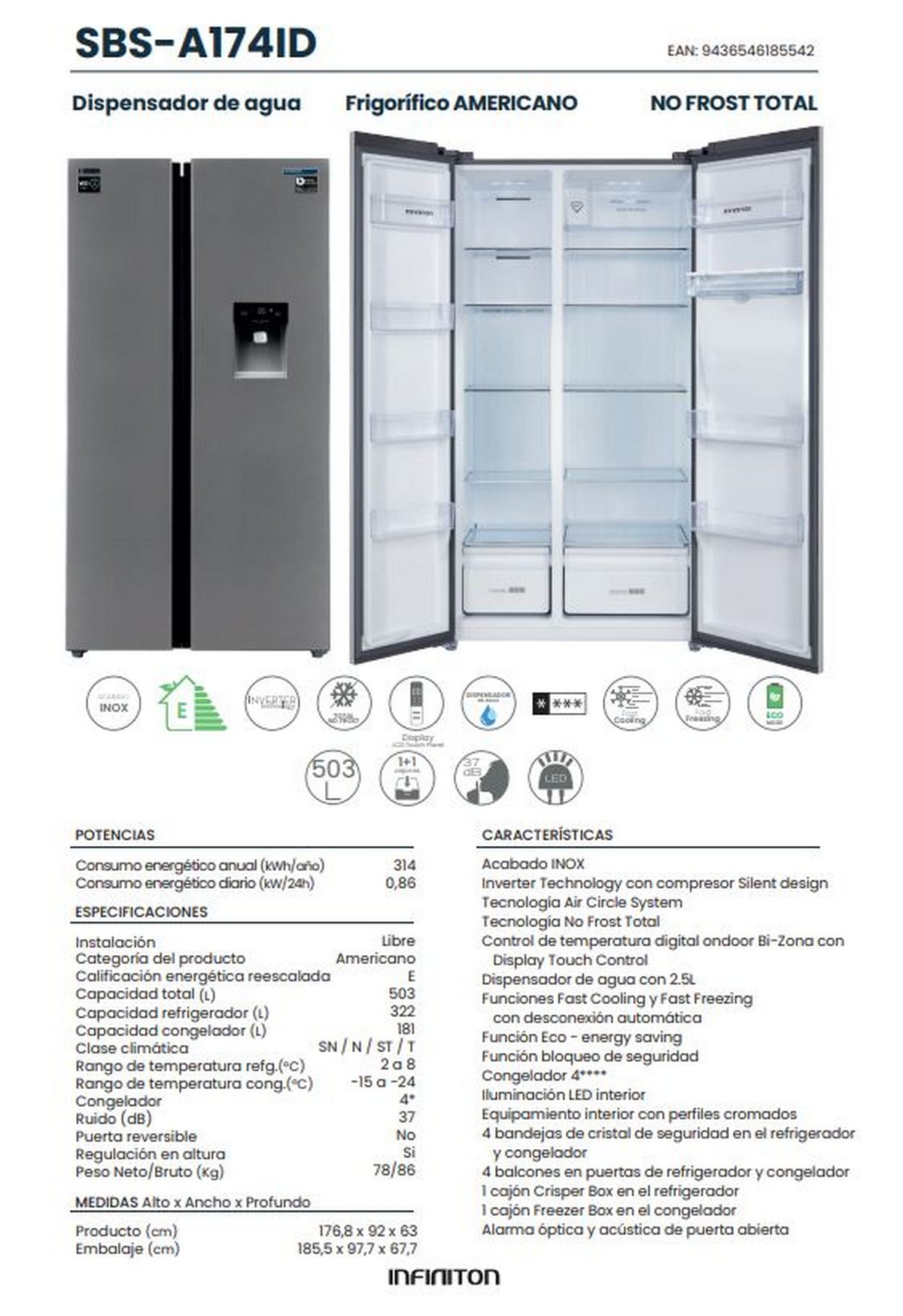 Un frigorífico con dispensador de agua. Las puertas están abiertas, mostrando el interior.