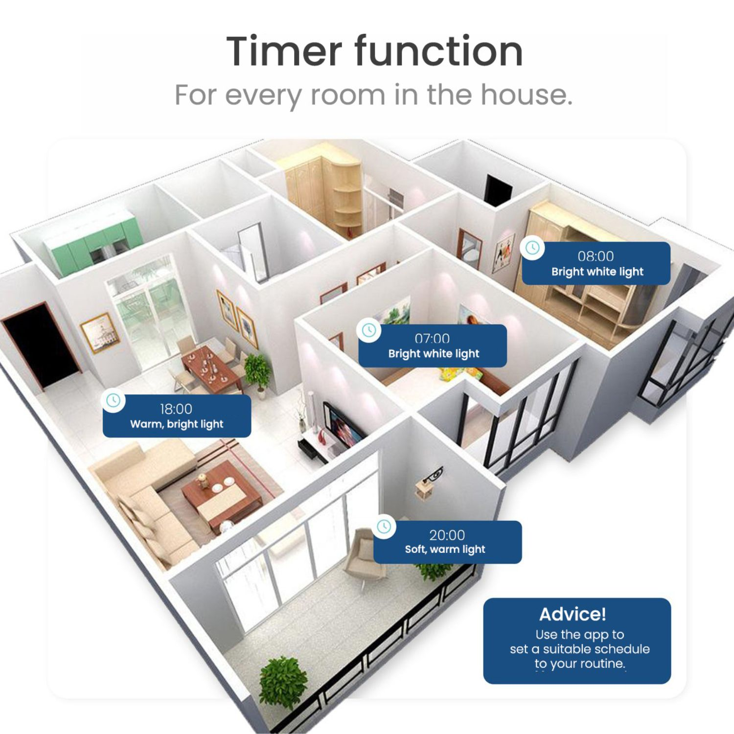 Isometric view of a house plan with light schedule details. Text indicates light timing and location.